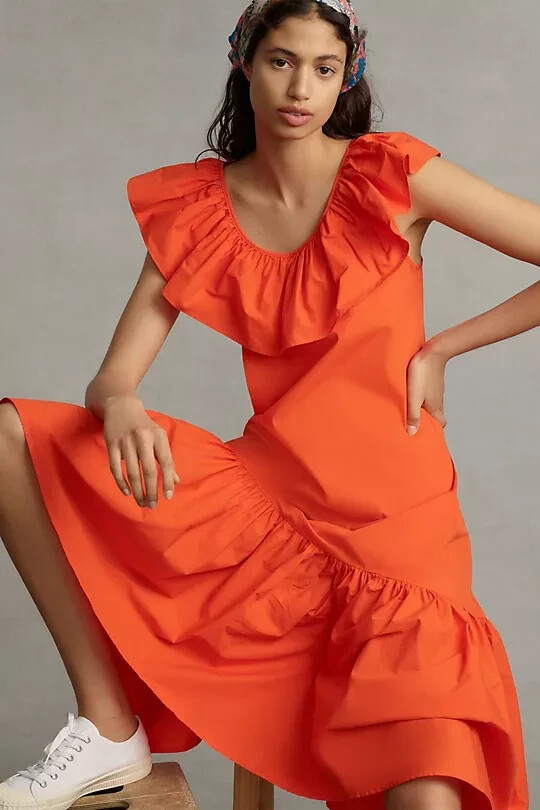 Anthropologie Whit Two M Flouncy Ruffled Maxi Dress Orange Peasant Medium New