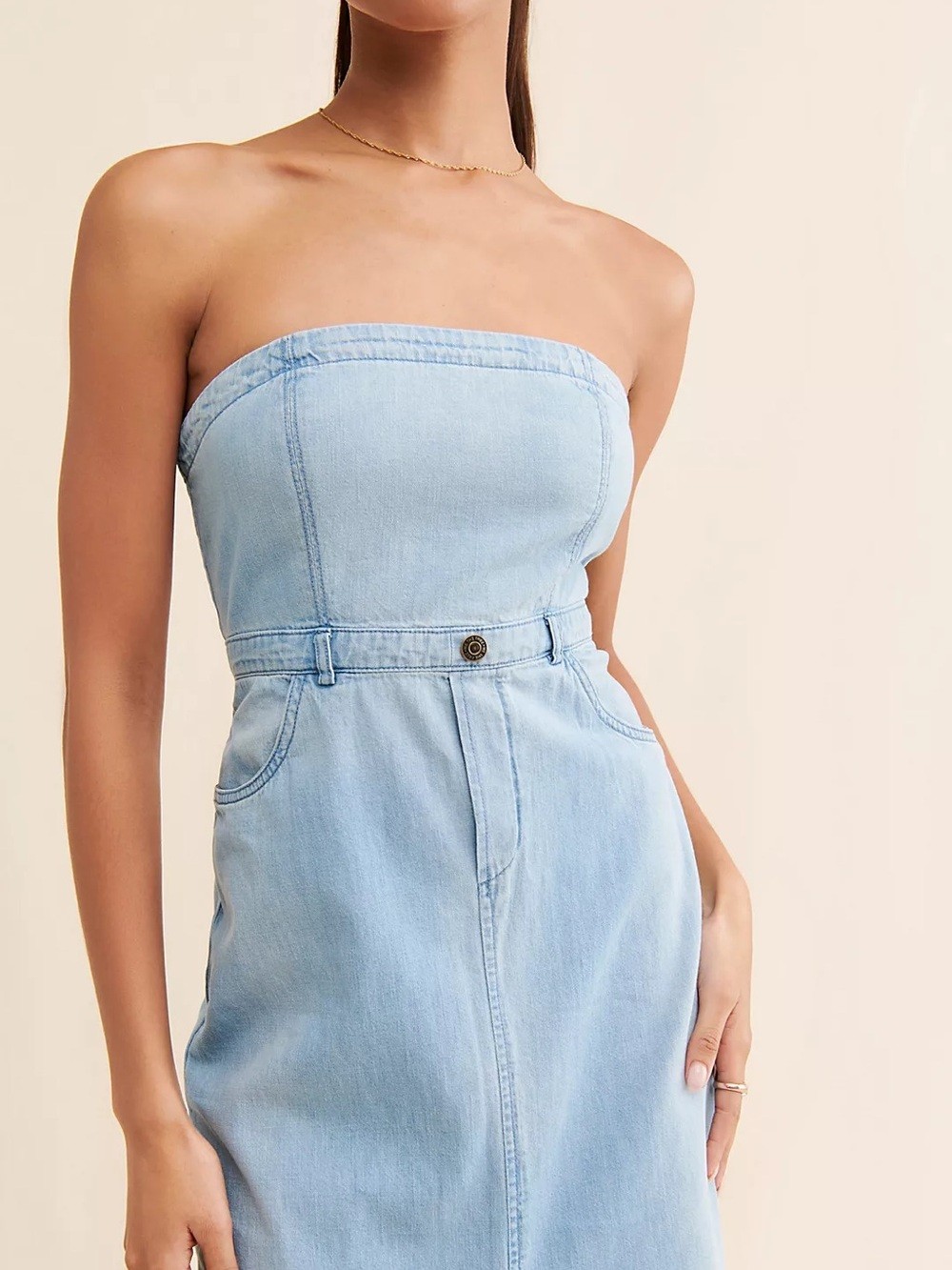 Free People Picture Perfect Light Wash Denim Strapless Dress
