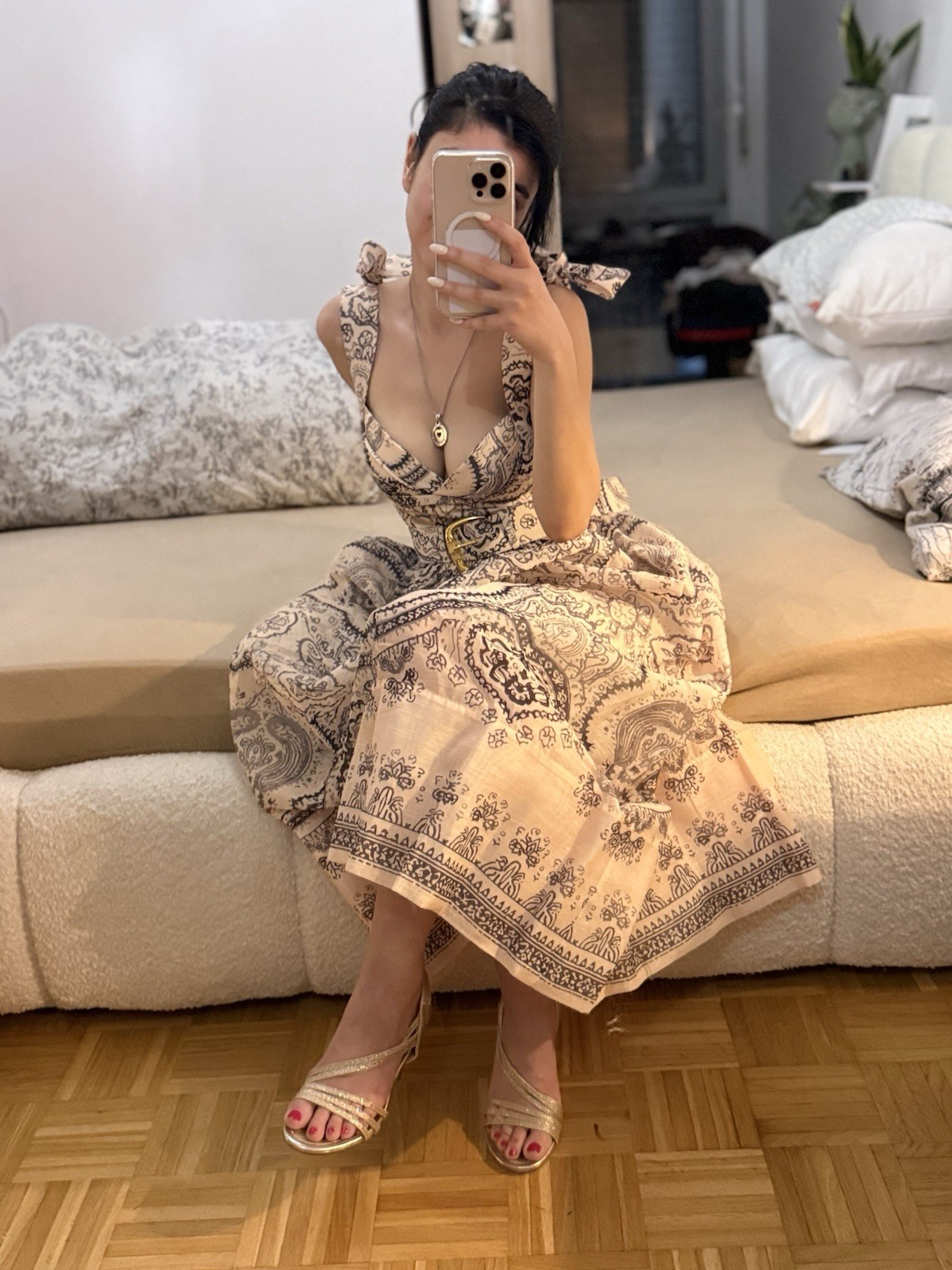 ZIMMERMANN Womens Midi Summer Dress S Beige/Black Paisley Sleeveless Belted