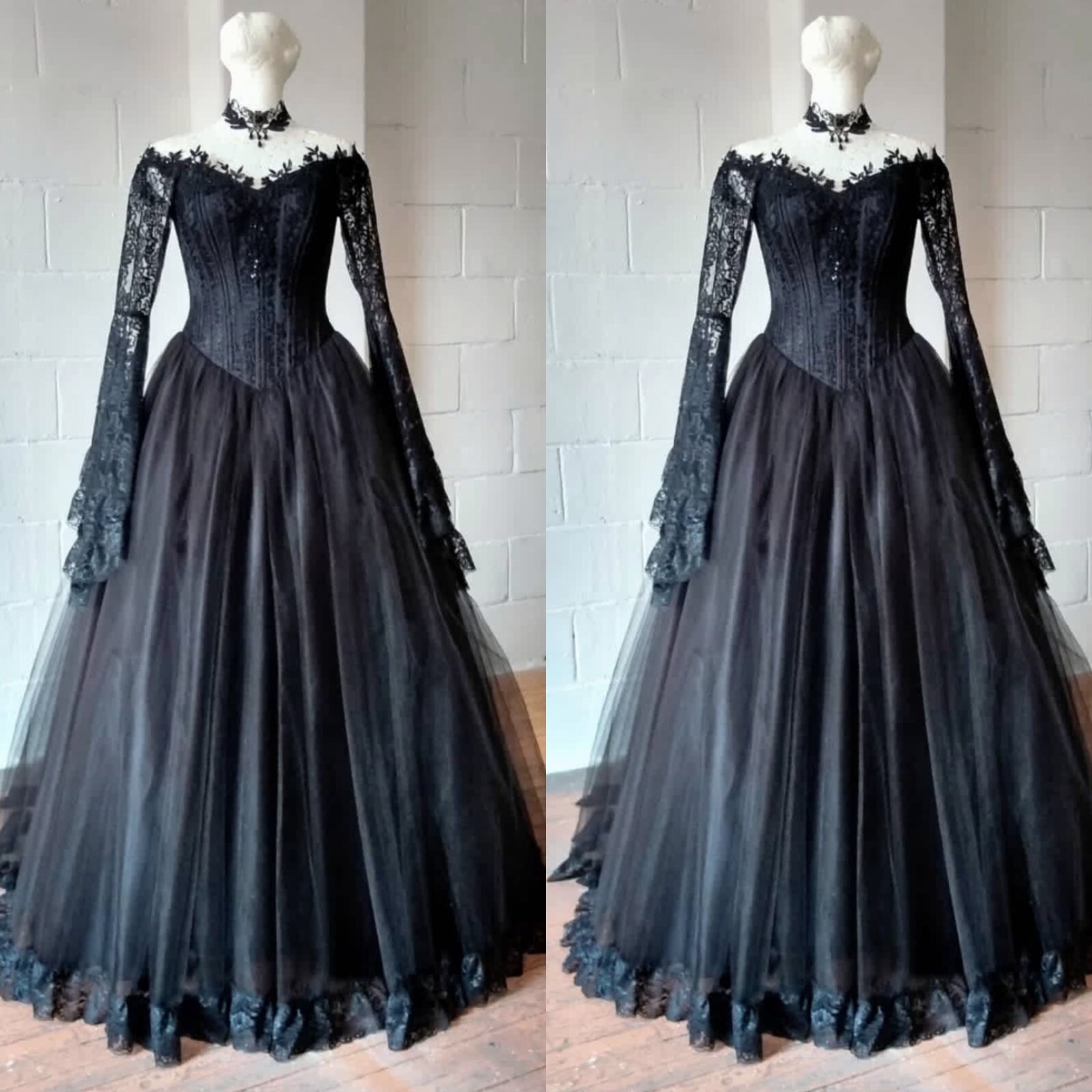 Off Shoulder Flare Sleeve Black Lace Corset Tulle Gothic Princess Ball Gown