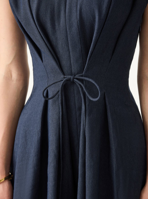 OGL Viscose-Linen Collared V-neck Midi Dress with Drawstring Pick Color/Size NWT
