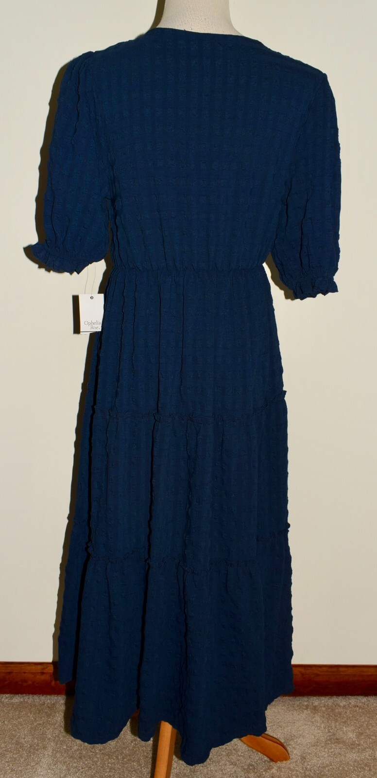 New Womens Ophelia Roe Dress Medium Blue Short Sleeve Faux Wrap Tiered Maxi