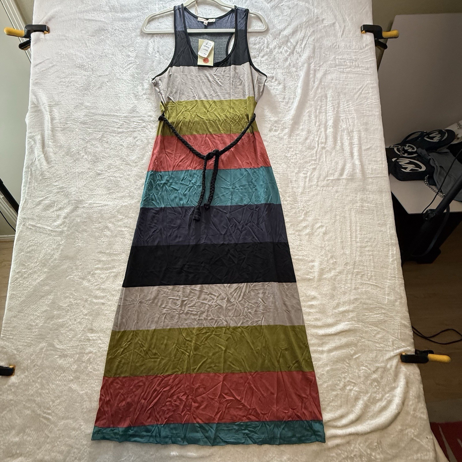 NWT Women’s Sz L Casual Couture by Green Envelope Stripe Maxi Dress Stretch
