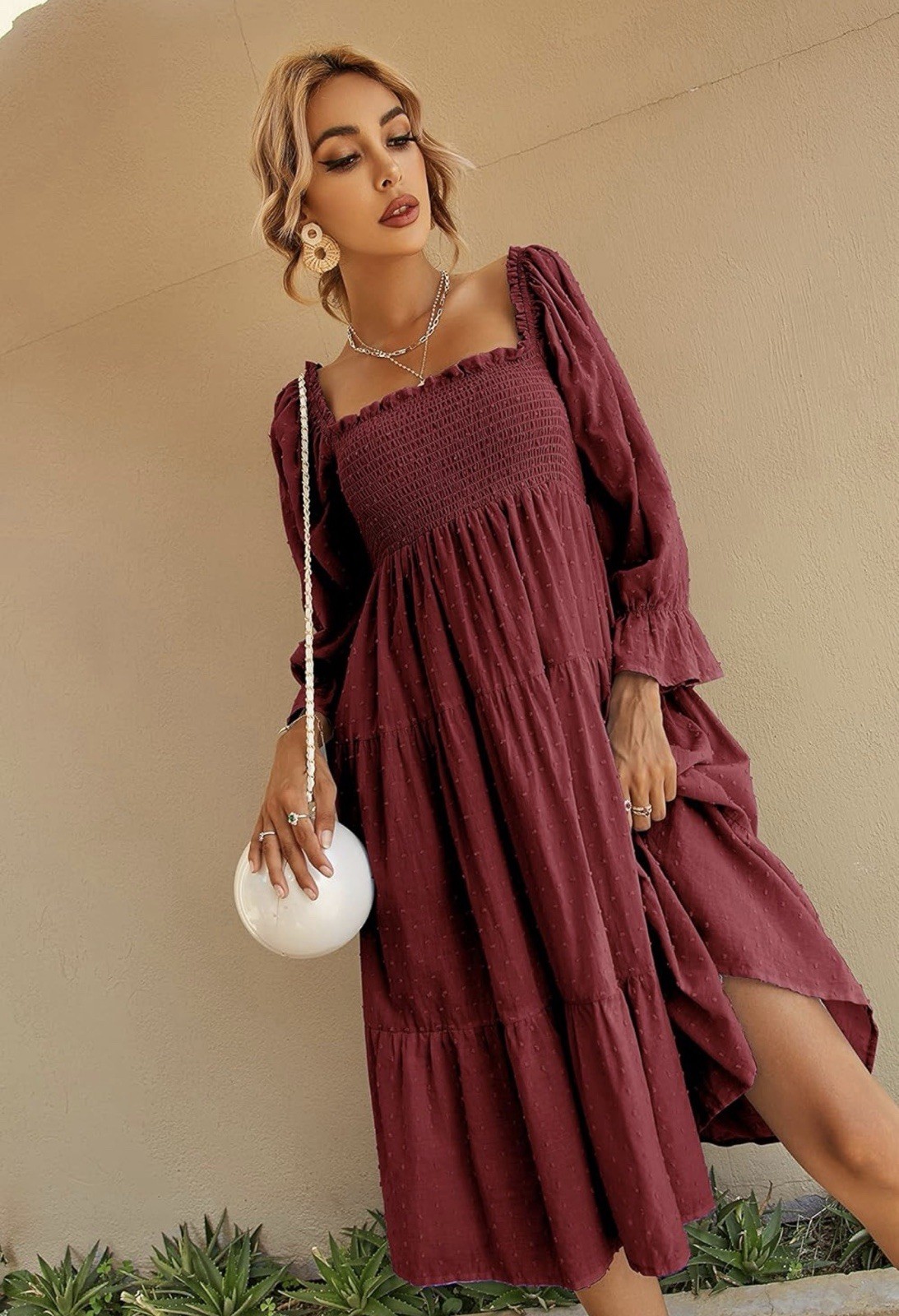 R. Vivimos Plaid Puff Sleeves Bow Boho Midi Dress Sz M Burgundy Vacation Casual