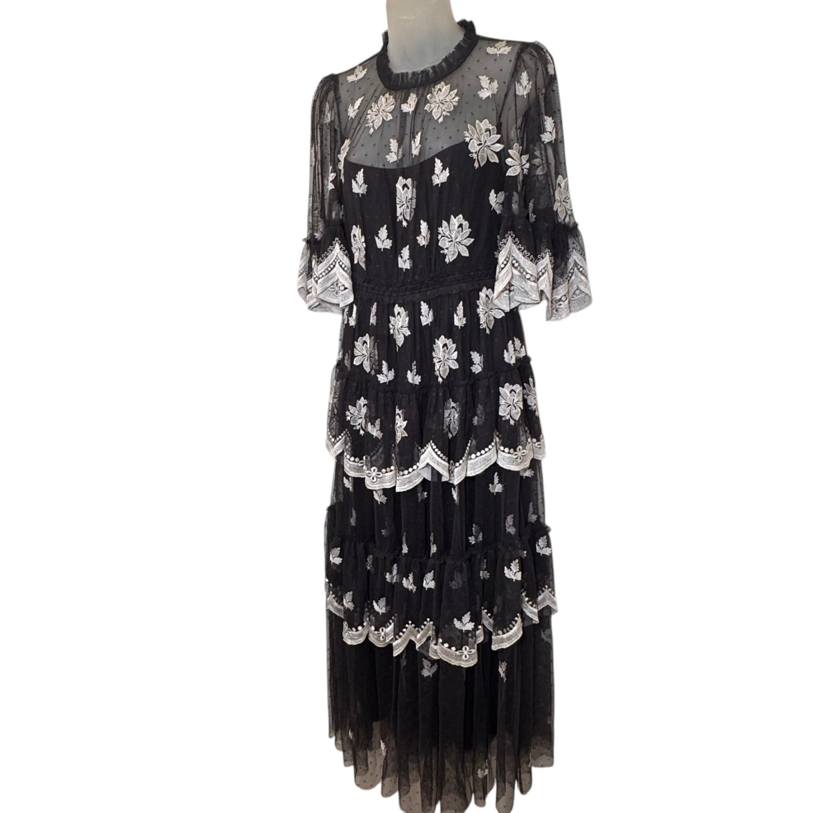 Needle & Thread Amber Petal Embroidered Tiered Lace Dress/Gown Black US 6