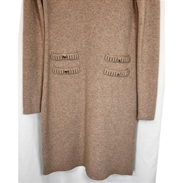 Classic Parisian MEROKEETY Ribbed Knit Sweater Dress Old Money Luxury Beige SM
