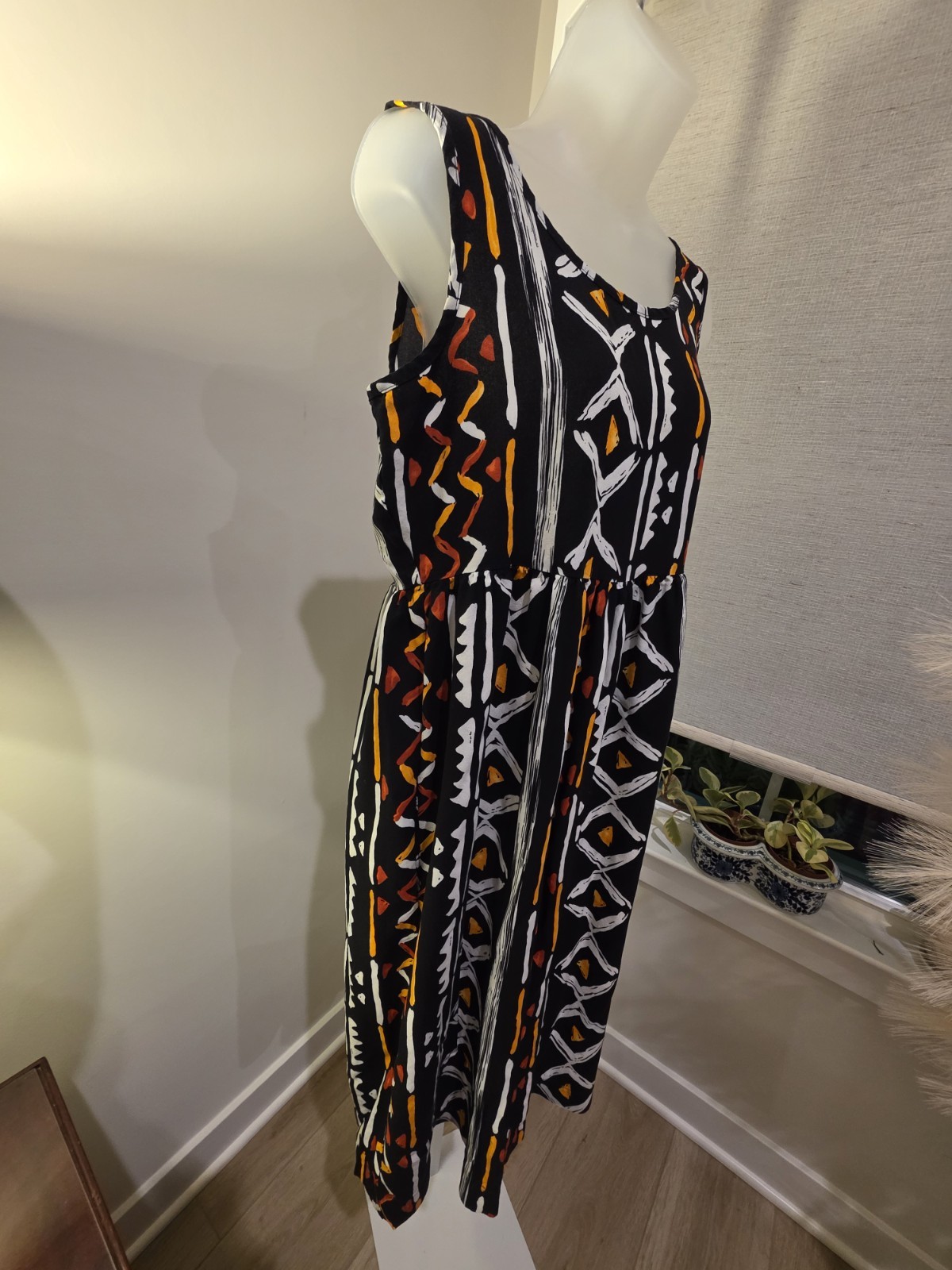 Midi Sun Dress Black Orange White Geometric Print Sleeveless M VTG