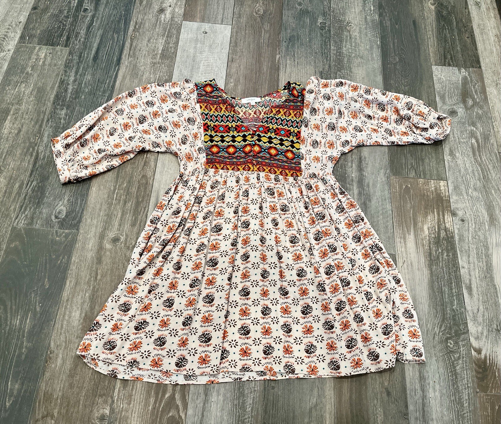 Umgee Aztec Dove Pattern 3/4 Sleeve Tunic Mini Dress Boho Western Rodeo Sz Small