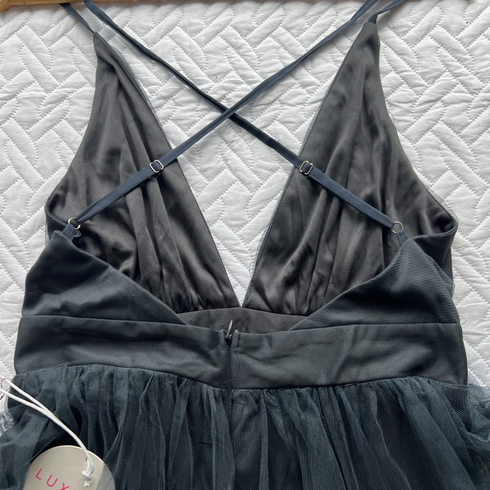 Luxxel Halter Strap Formal Gown Steel Blue Long Tulle Dress Ladies, size L NEW