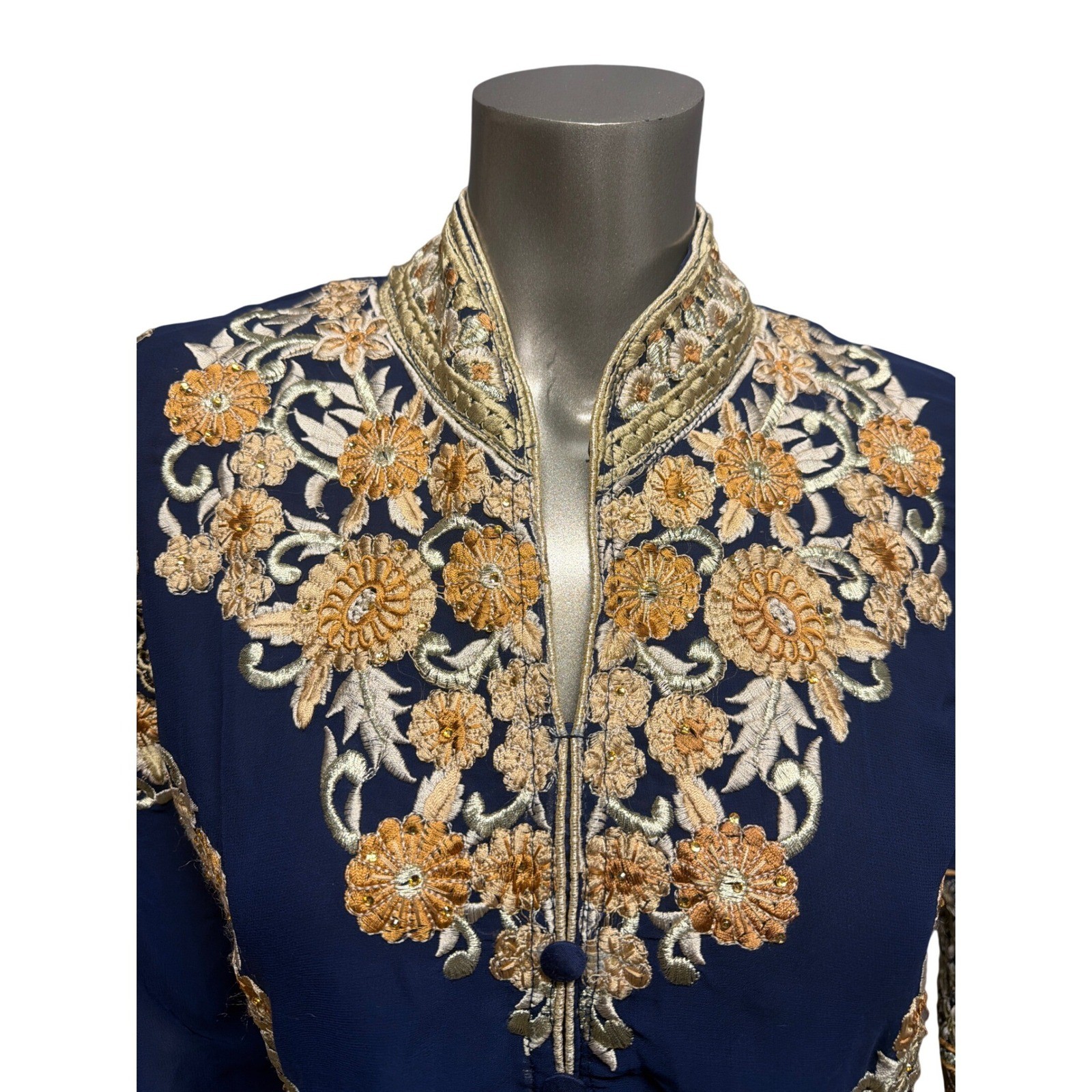 Navy Blue Gold Floral Embroidered Maxi Gown Mandarin Collar Side Zip Long Sleeve