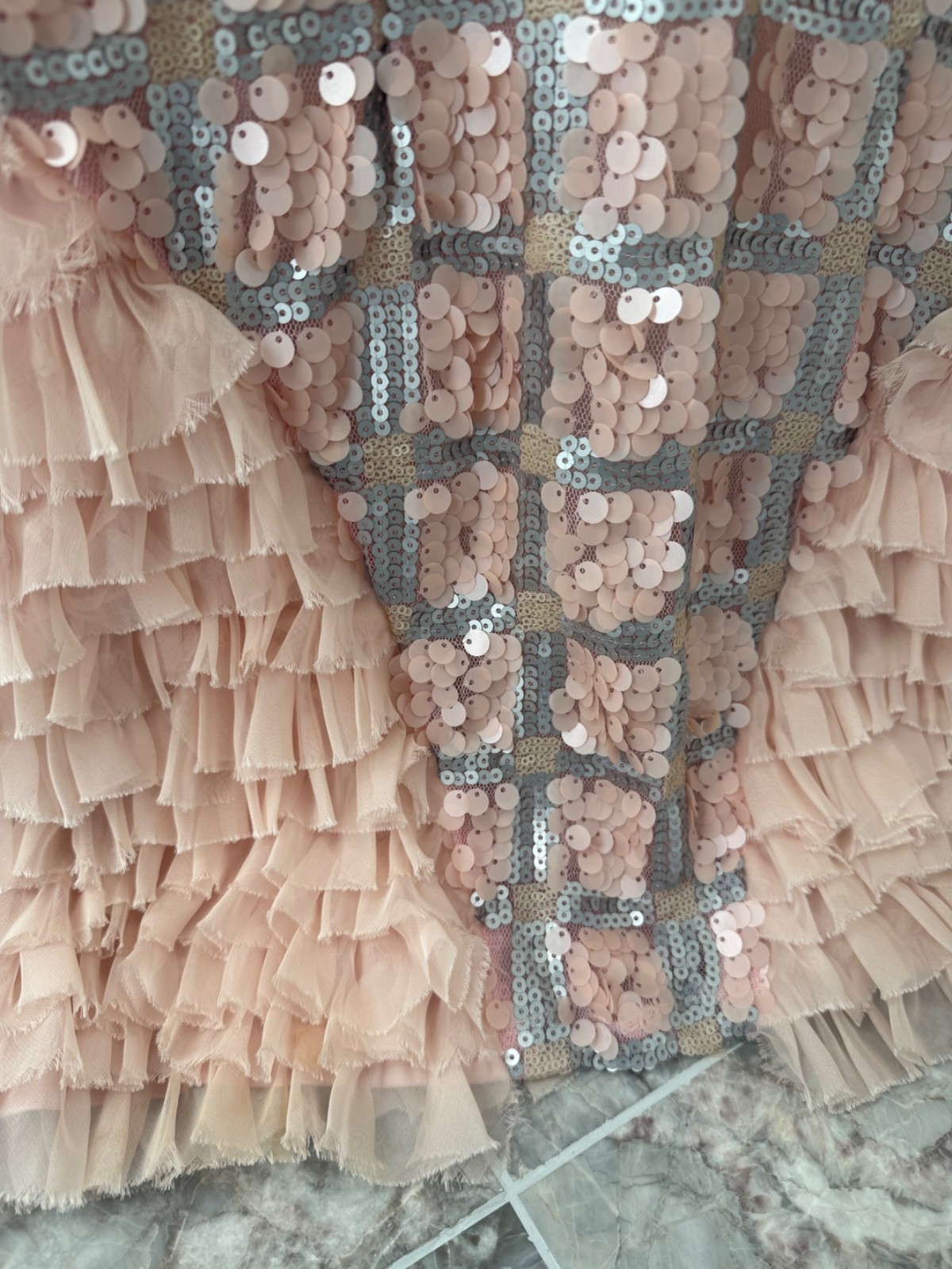 Sendi Vela Stunning peach and Silver sequinned dress laced long sleeves sz small