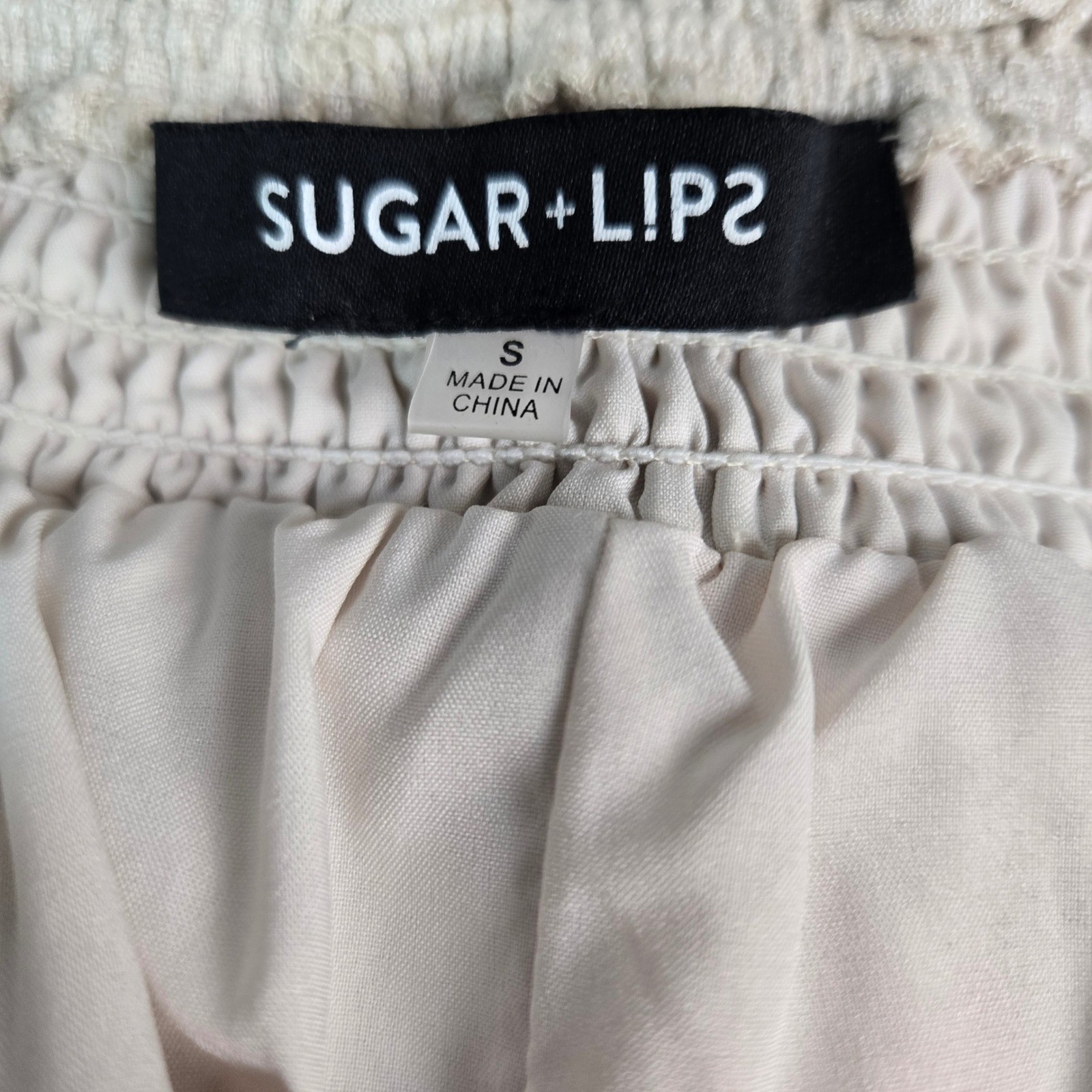 SUGAR+LIPS Off Shoulder Smocked Puff Sleeve Linen Blend Lined Dress Beige Size S