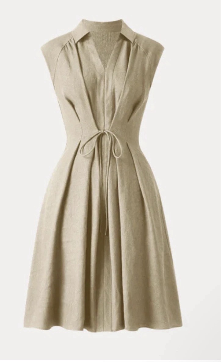 OGL Viscose-Linen Collared V-neck Midi Dress with Drawstring Ecru S