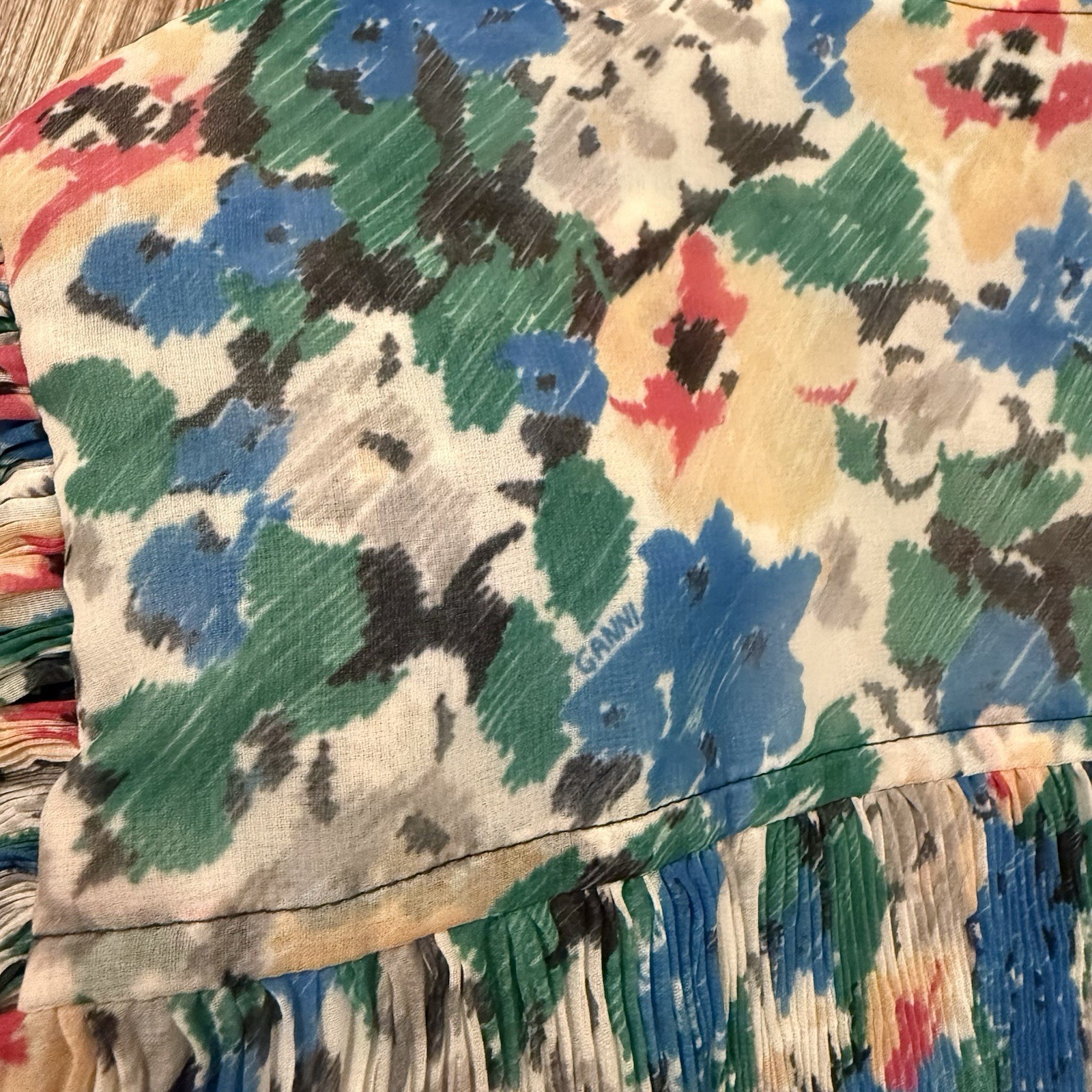 Ganni Midi Dress Georgette Pleated Floral Azul Blue Puff Sleeve Size 40/L Spring