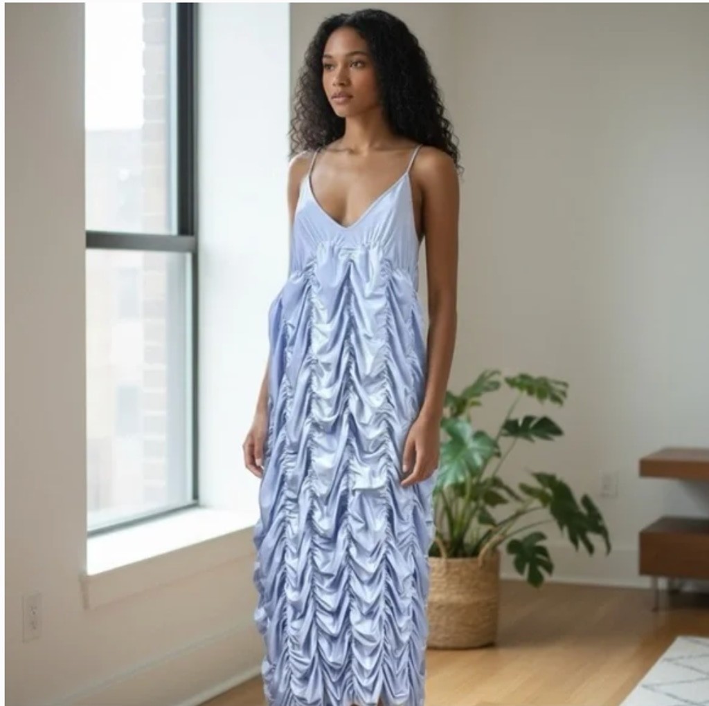 Ester Manas Periwinkle One Size Spaghetti Straps Ruched Stretch Midi Dress OS