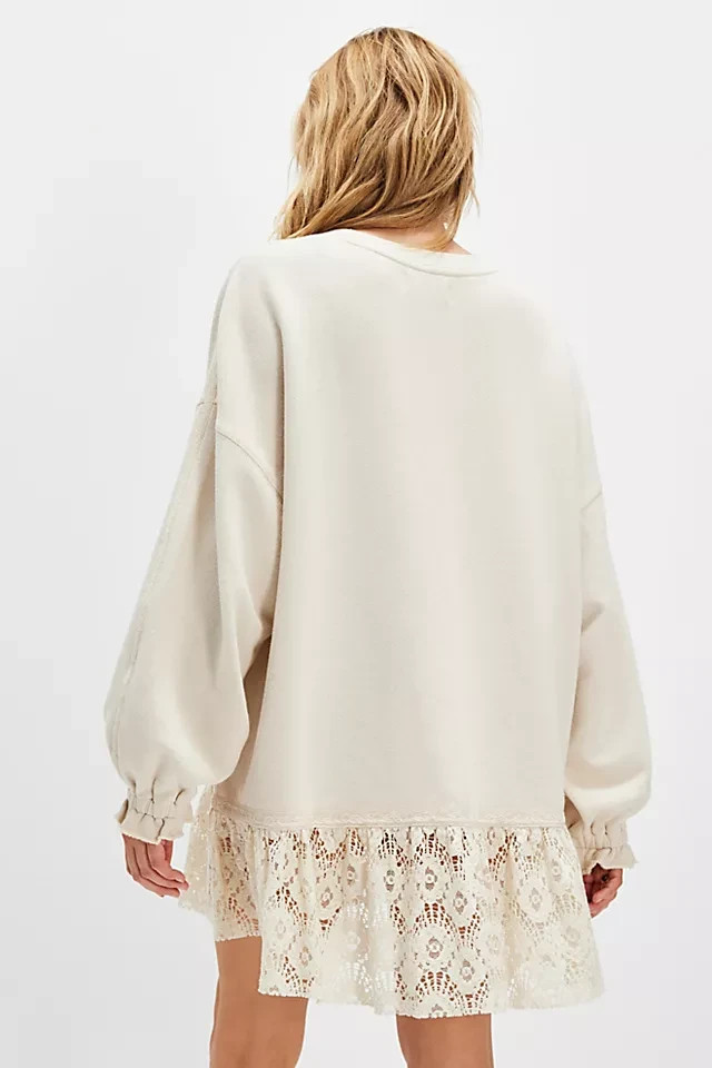 Free People Belle Sweatshirt Tea Crew Neck Oversized Pullover Ruffle Dress New L
