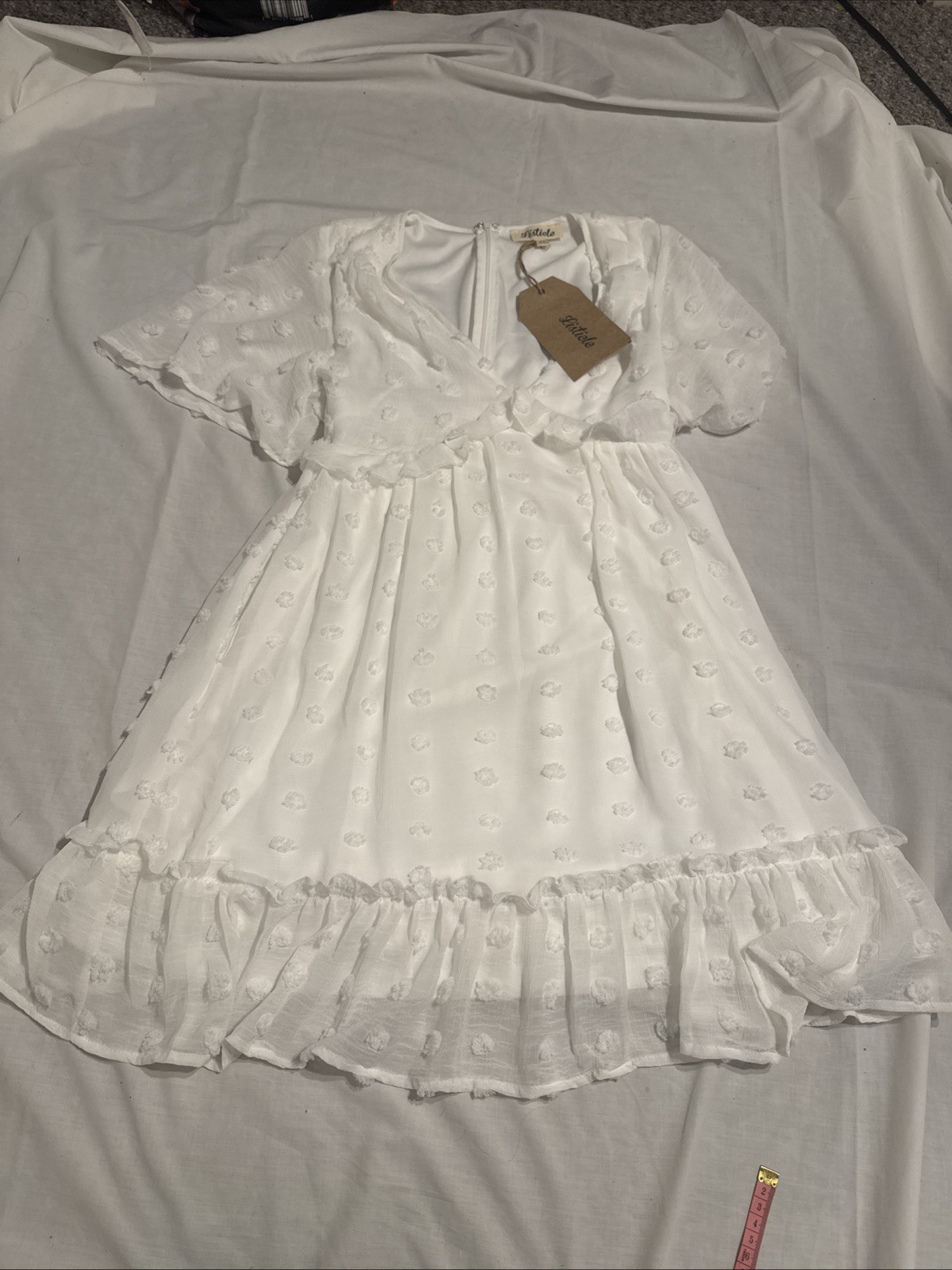 listicle dress With Ruffled Flair Bottom And Circular Cap Short Sleeve, V Neck