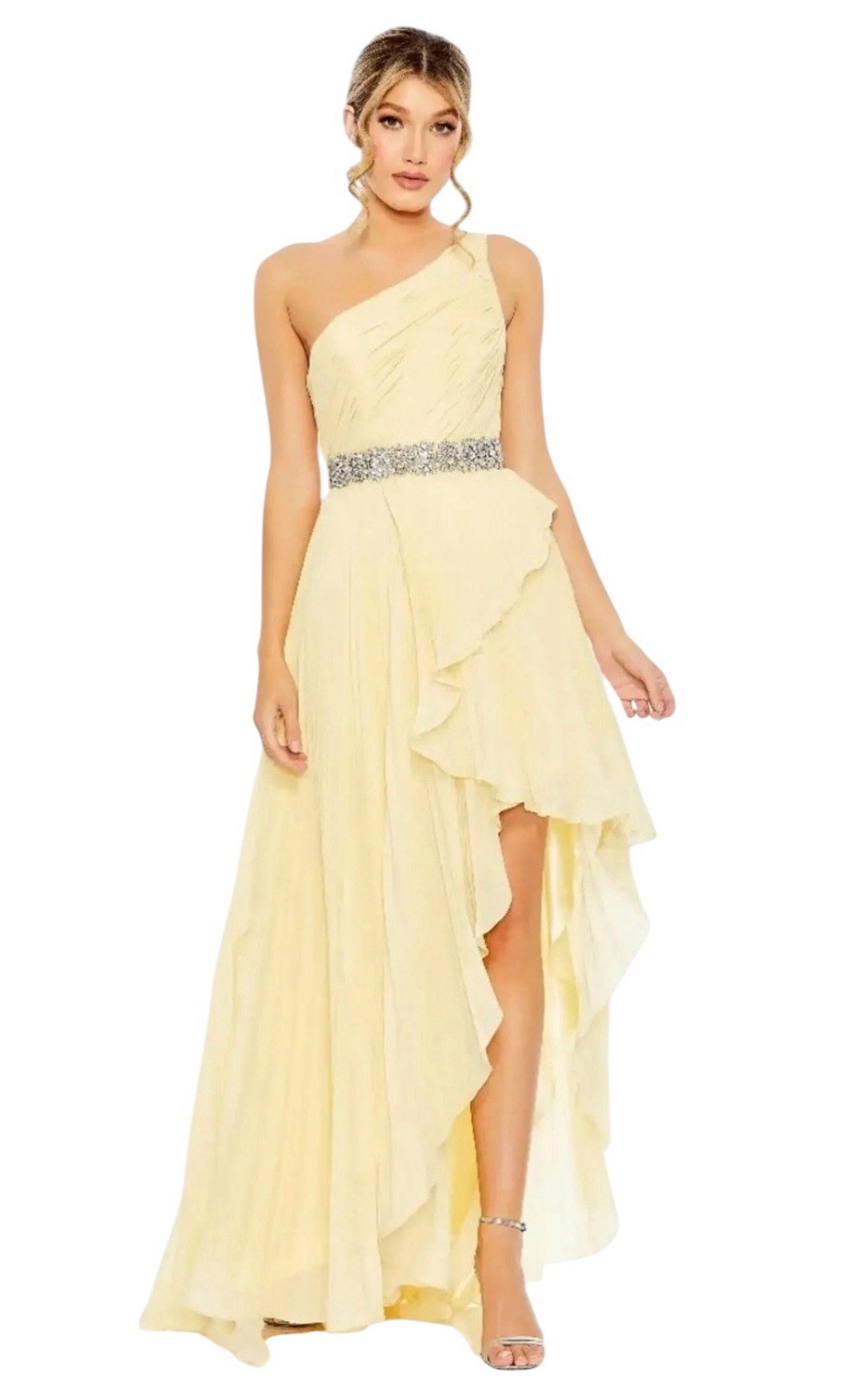 Mac Duggal 49532 Yellow One Shoulder Ruffle High Low Gown Size 8 $398