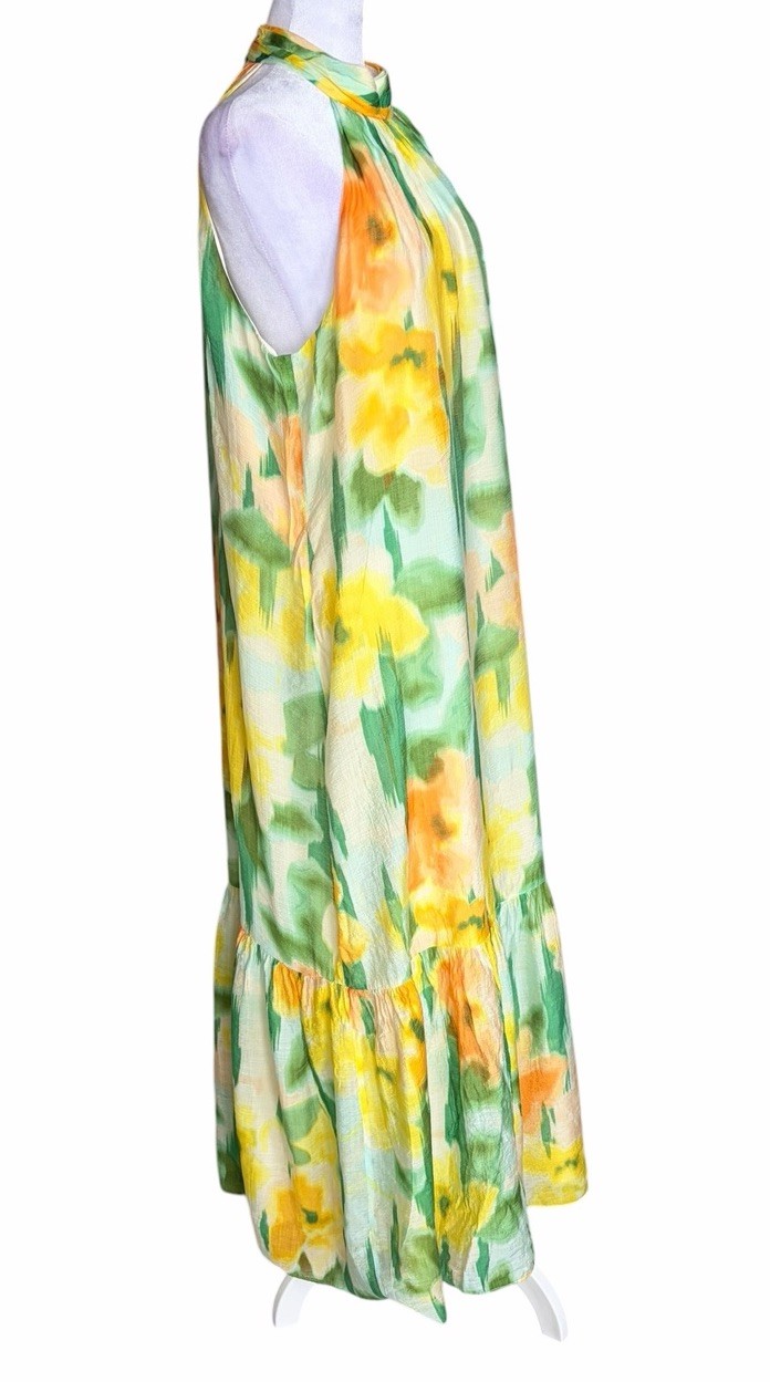 1. STATE Green Yellow Orange White Floral Halter Maxi Dress Ruffle Hem Size L