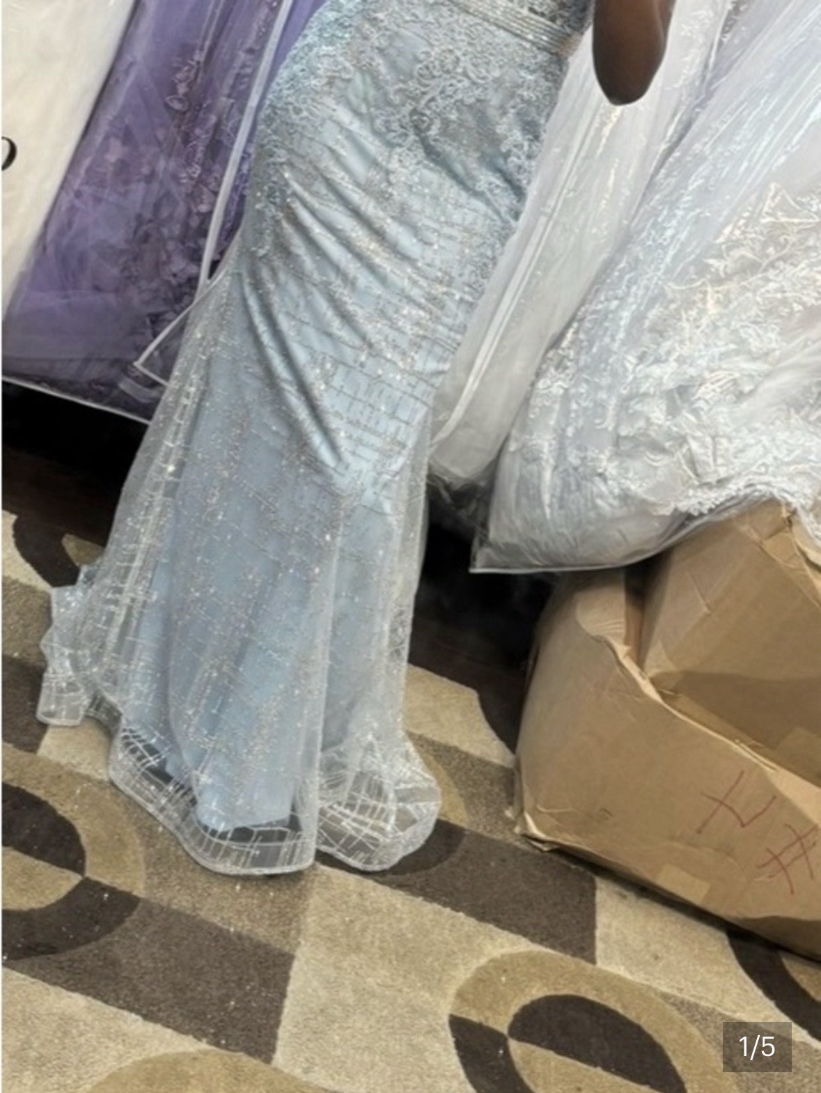 LT’s Fashion Light Blue/Silver Beaded Sequin Lace Mermaid Long V-Neck Dress 8