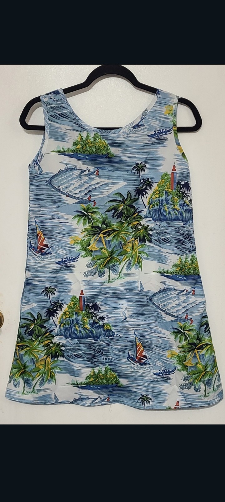 Roundy Bay Tropical Island Print Womens S Blue A-Line Beach Resort Tank Dress
