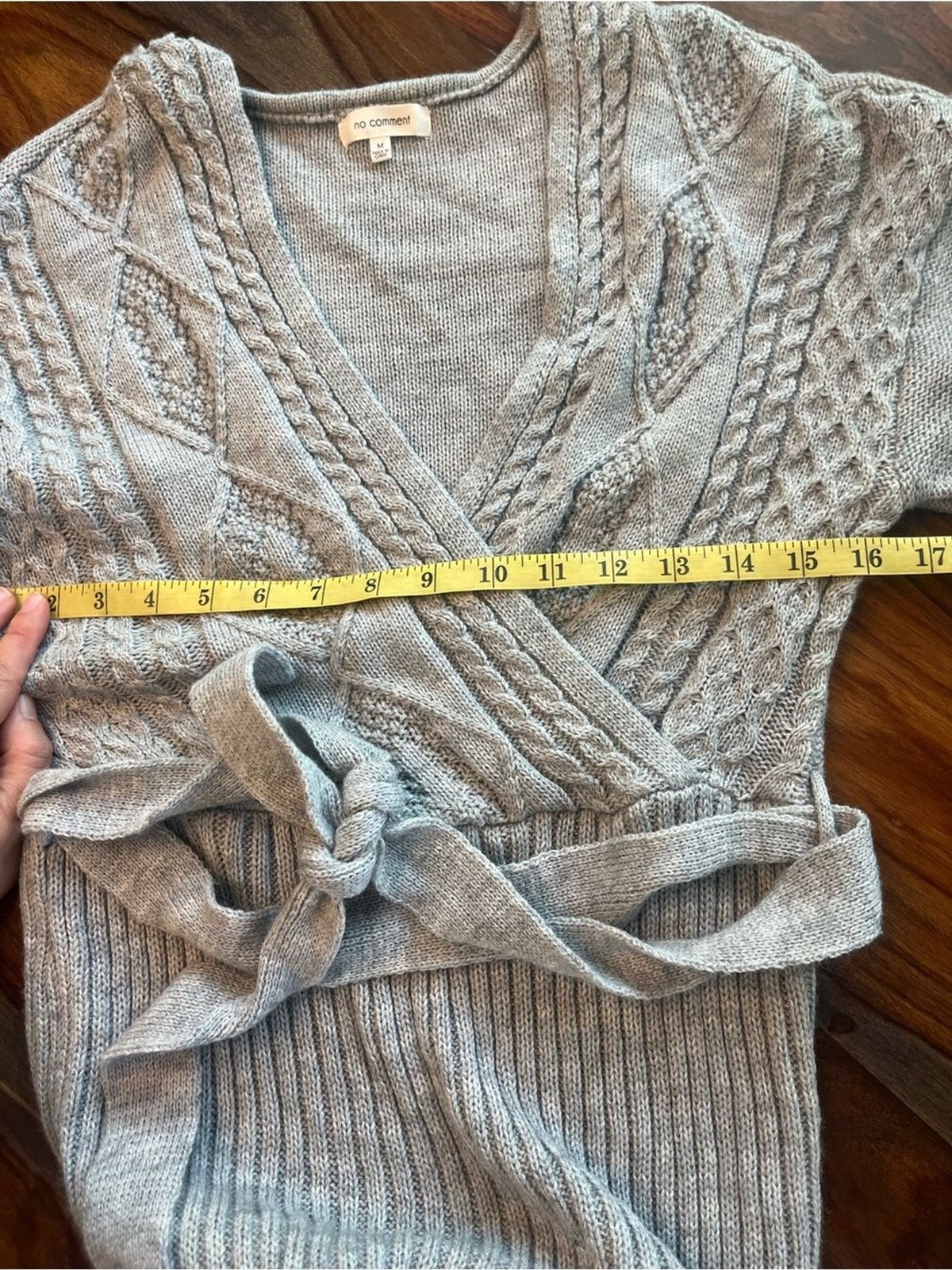 No Comment Cable Knit Tie Waist Balloon Sleeve Dress Light Gray Wrap Belted
