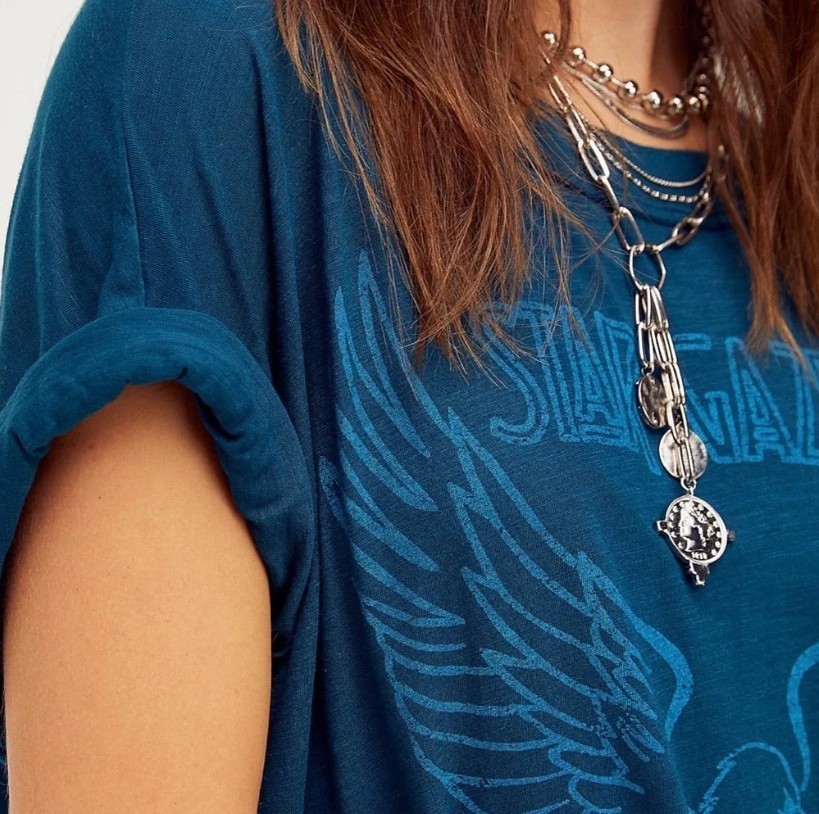 free people THE JERRY LOUNGE teal blue star gazer eagle boho t shirt DRESS top S