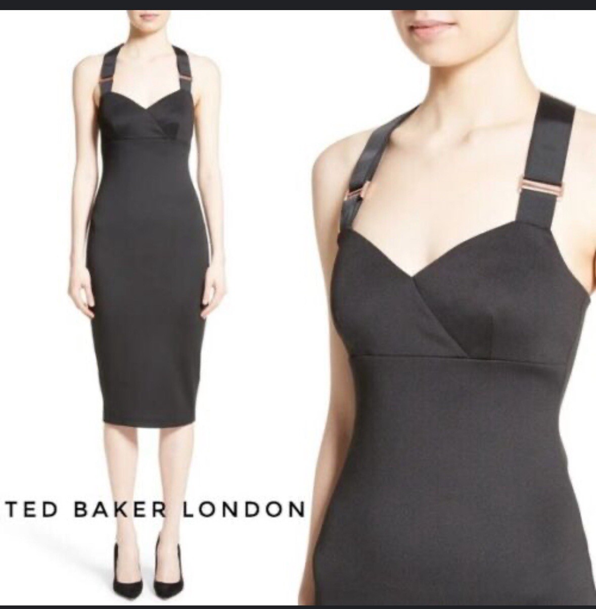 NWOT Ted Baker Neoprene Buckle Bodycon Dress Rose Gold Buckle size reg $279