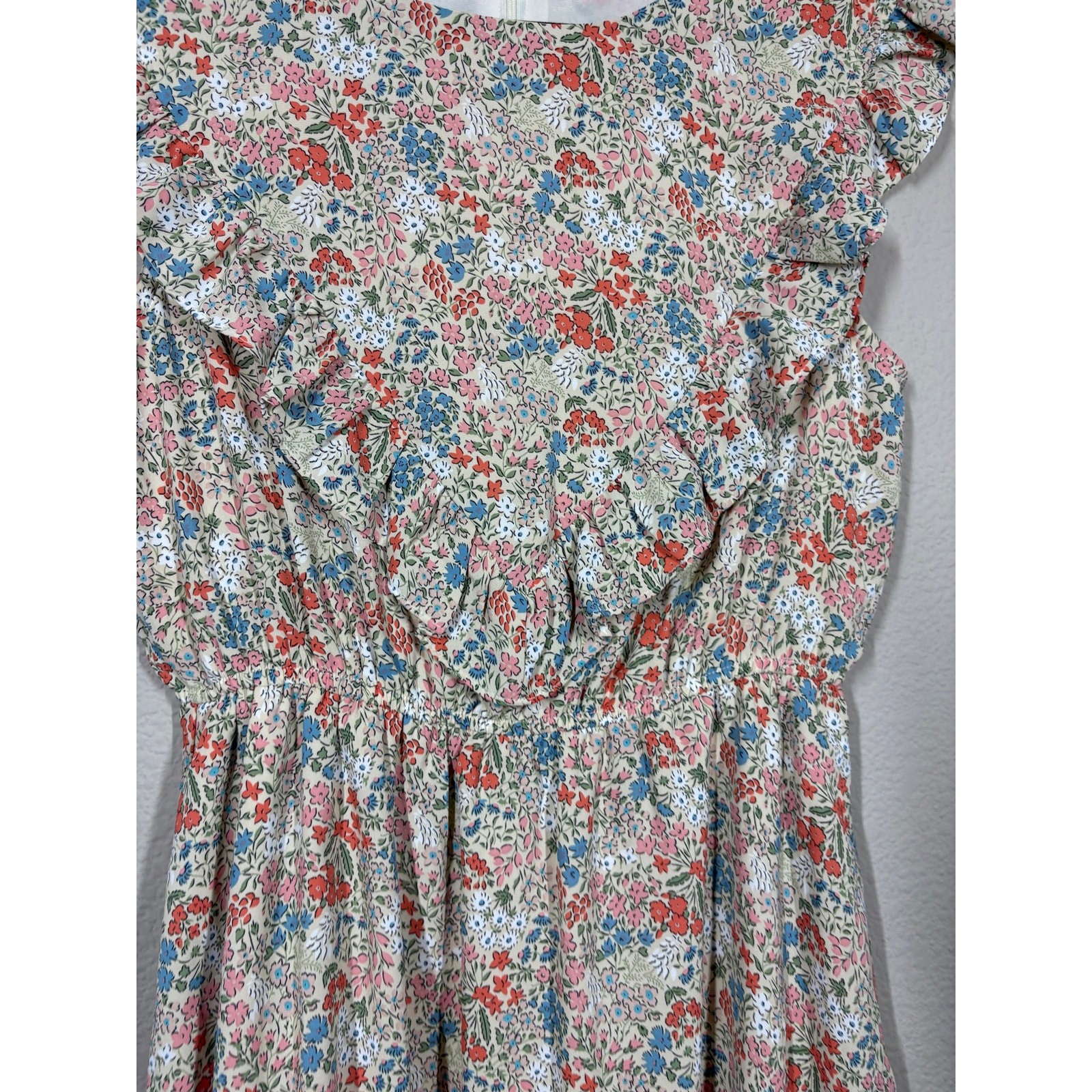 Roolee Mom Size Small Ruffled Shift Dress Tan Floral Side Pocket Flutter Sleeves