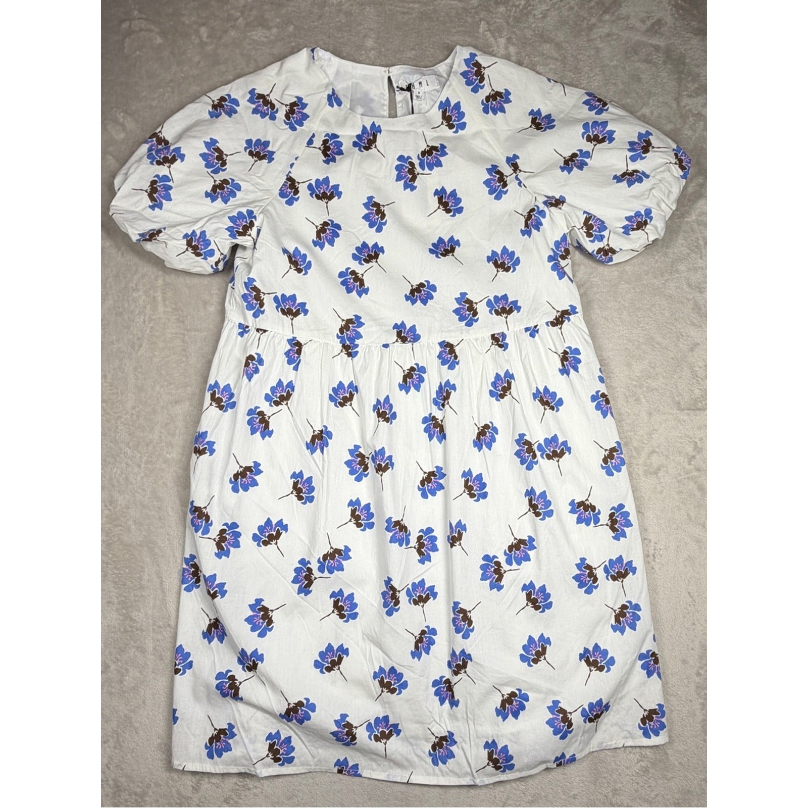 NWT THML Floral White Blue Brown Puff Sleeve High Neckline Mini Dress Size Small