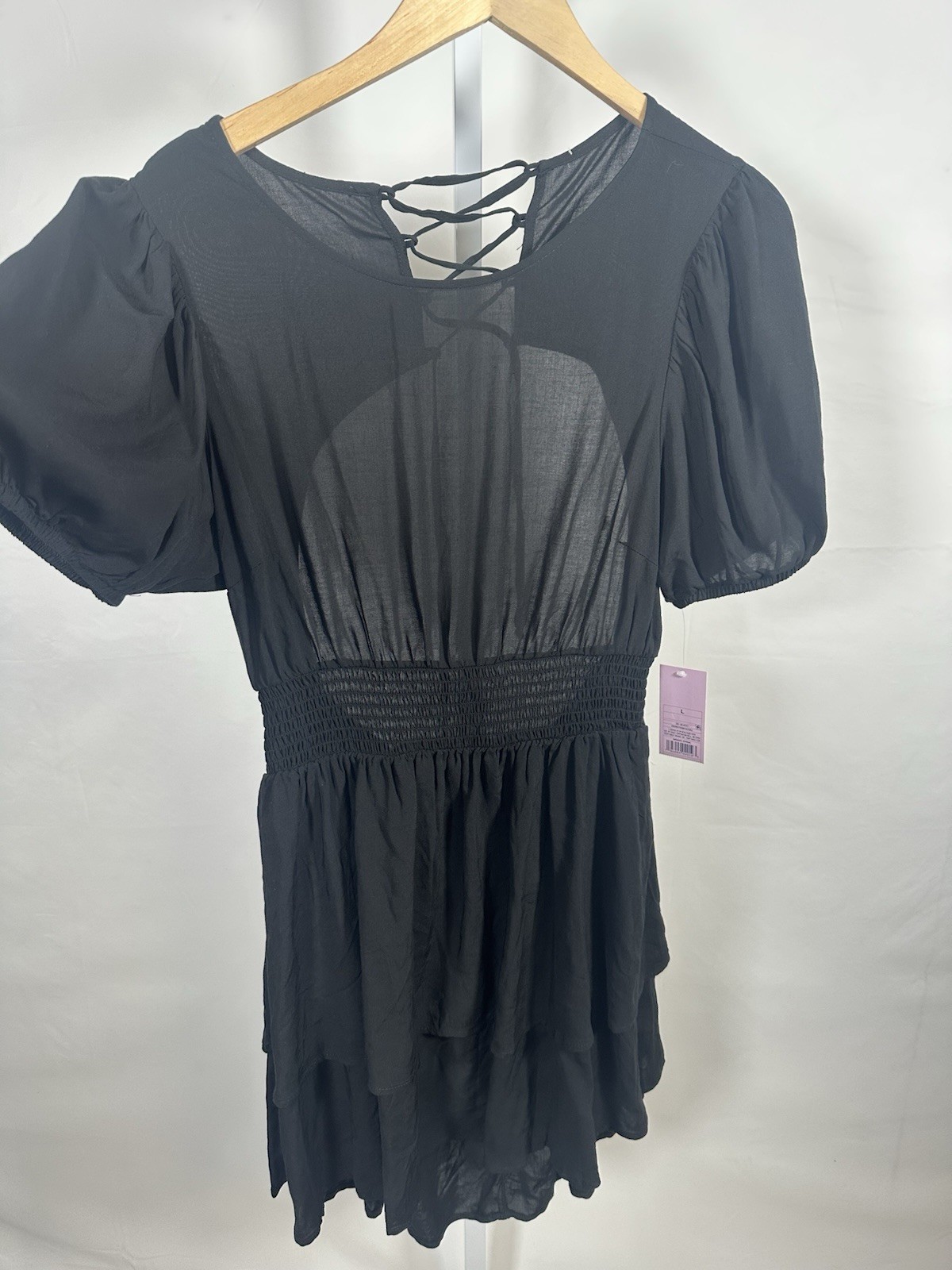 Wild Fable Black Solid Woven Rayon Round Neck Puff Sleeve Open Back Mini L
