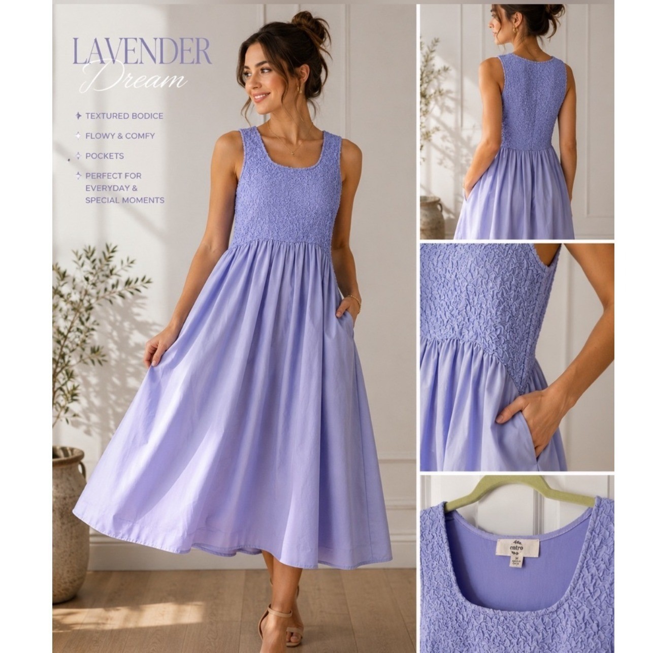 Entro Lavender Purple Sleeveless Smocked Bodice Midi Dress with Pockets Small