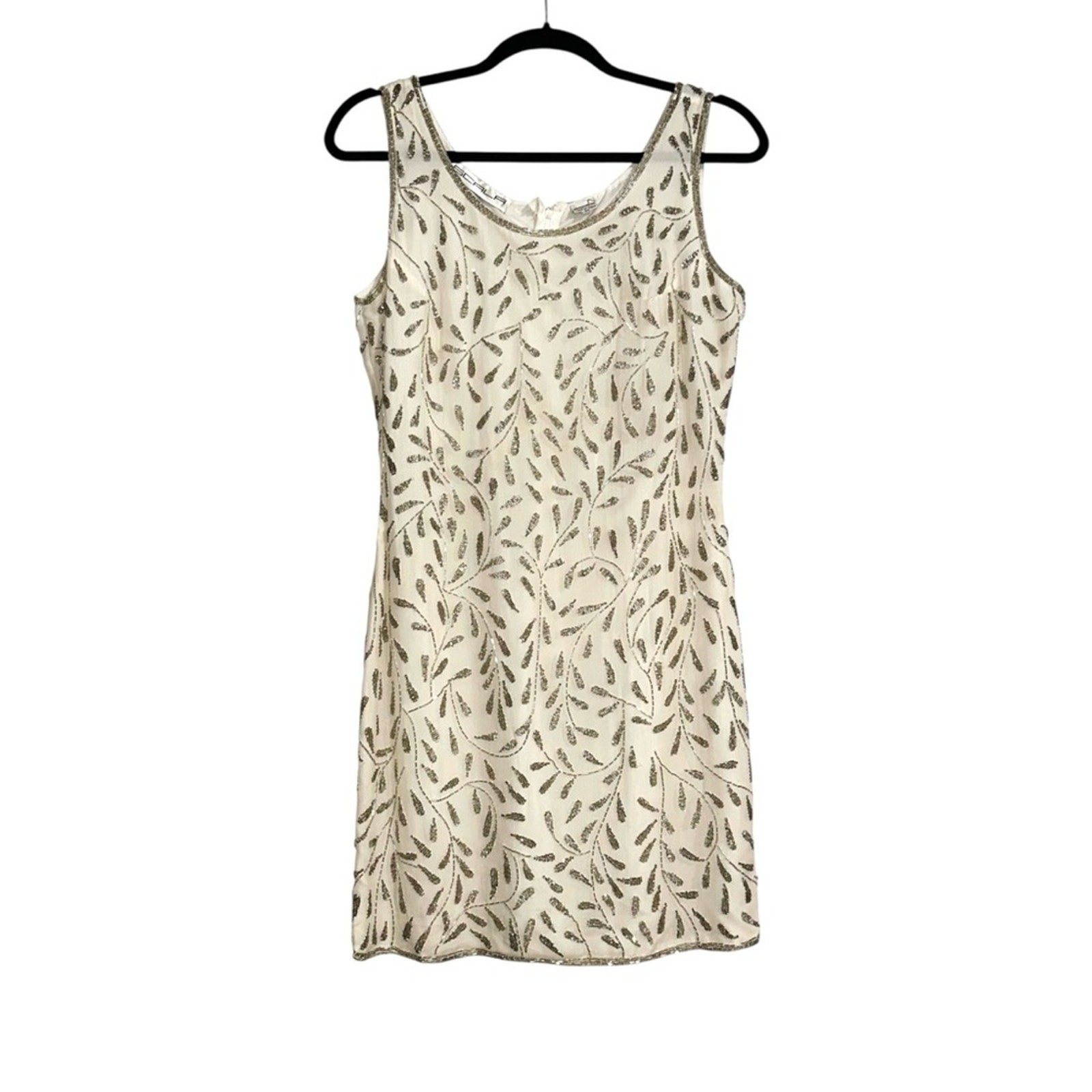 Scala Vintage Silk Cream Embellished Glass Beaded Sleeveless Mini Dress G2U
