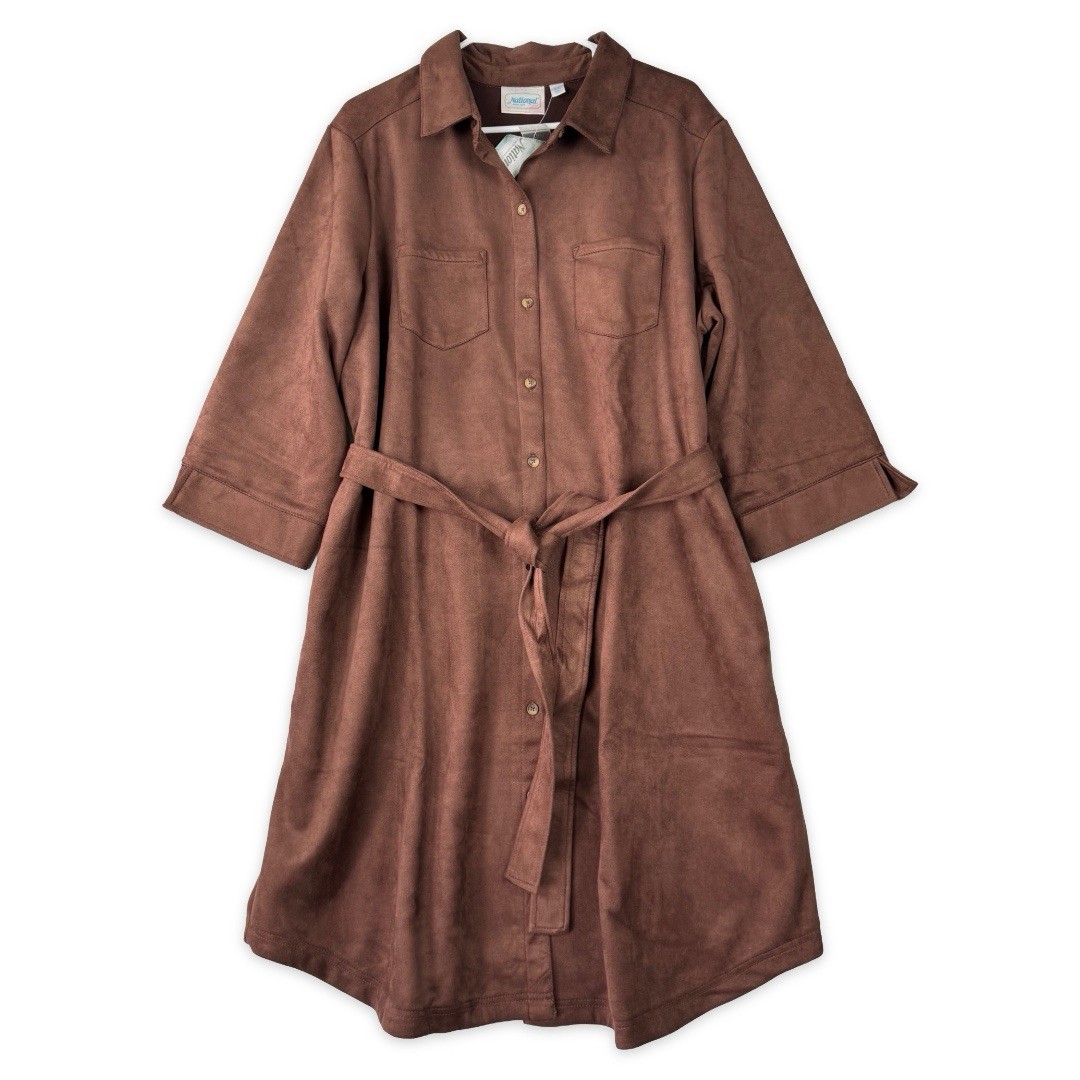 National Faux Suede Midi Shirt Dress Womens Plus 2X Brown Belted Pockets NWT