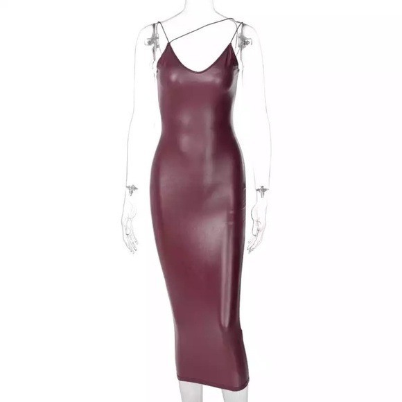 vegan leather brown strapless midi bodycon dress with asymmetrical straps size 4
