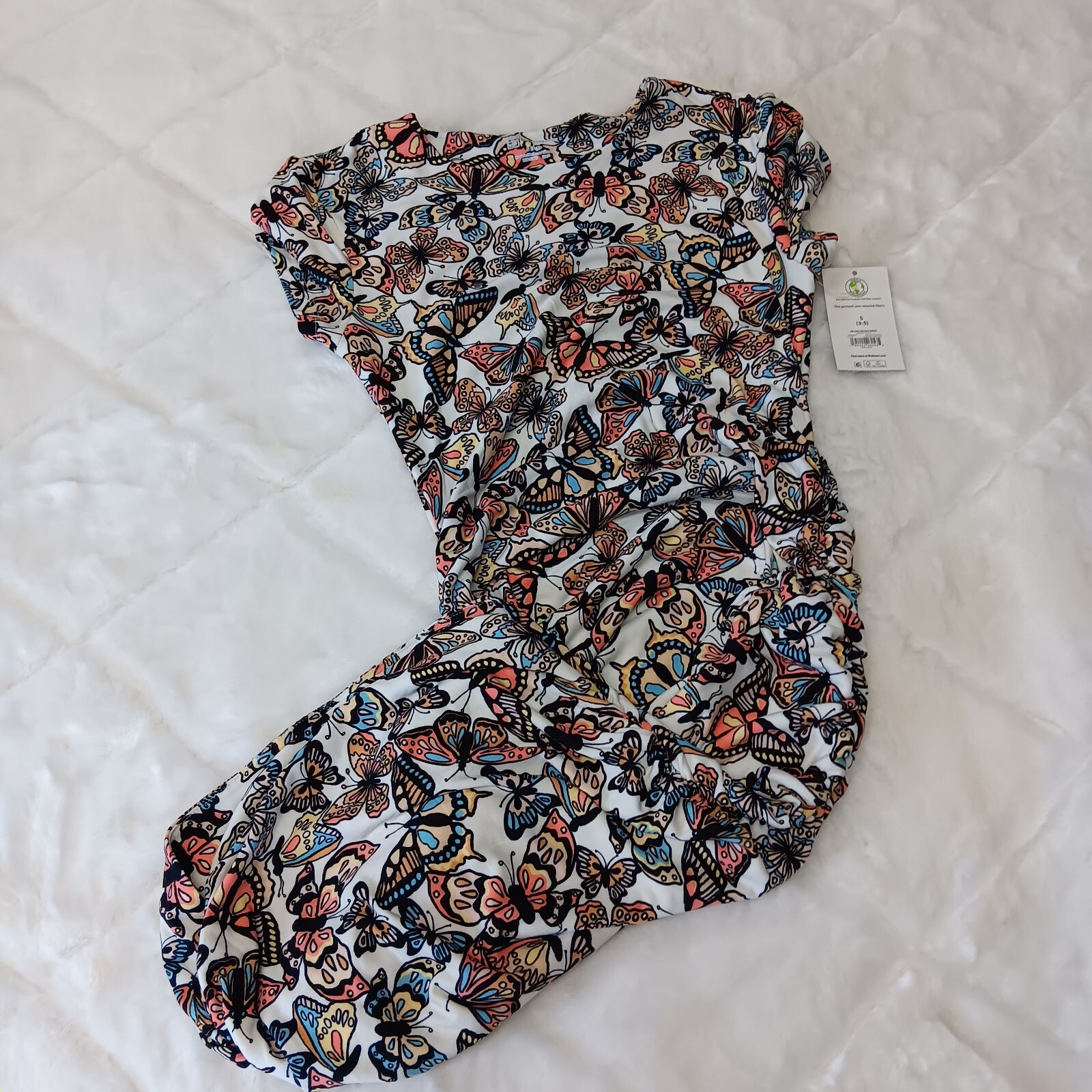 butterfly pattern winter white side ruched t-shirt dress jrs size medium