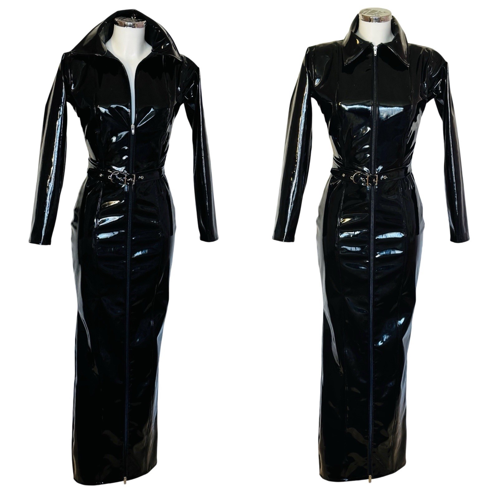 Misfitz blk PVC collared hobble dress + belt. Two way zip. SIZE 22. TV CD Goth