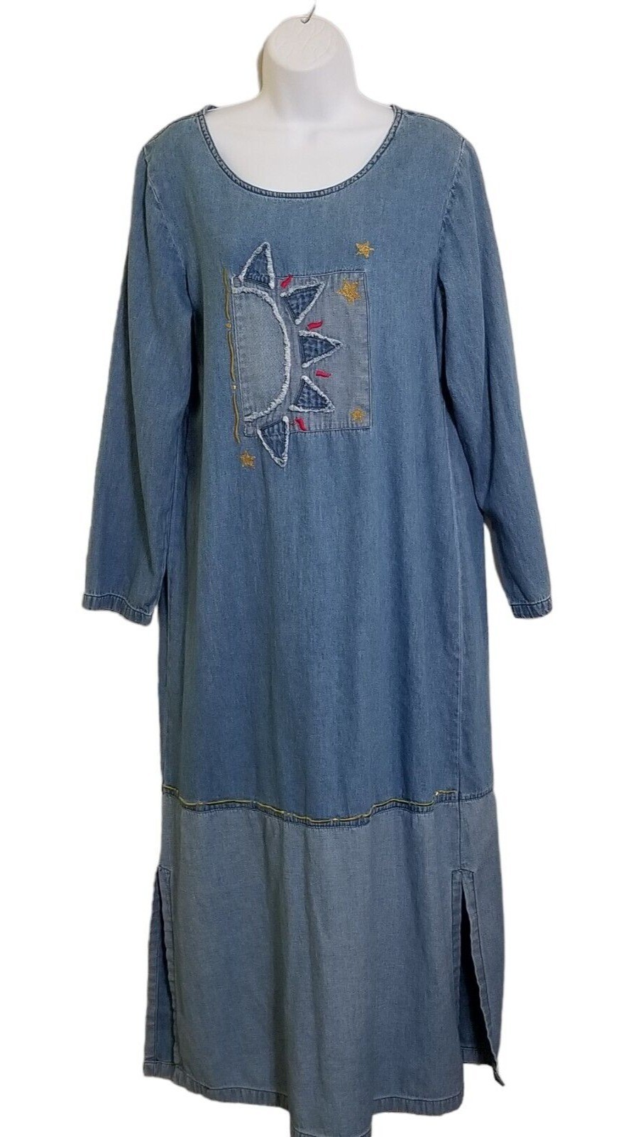 Vtg Bleu Bayou Dress Women’s M Blue Chambray Maxi Cottagecore Sun Star Celestial