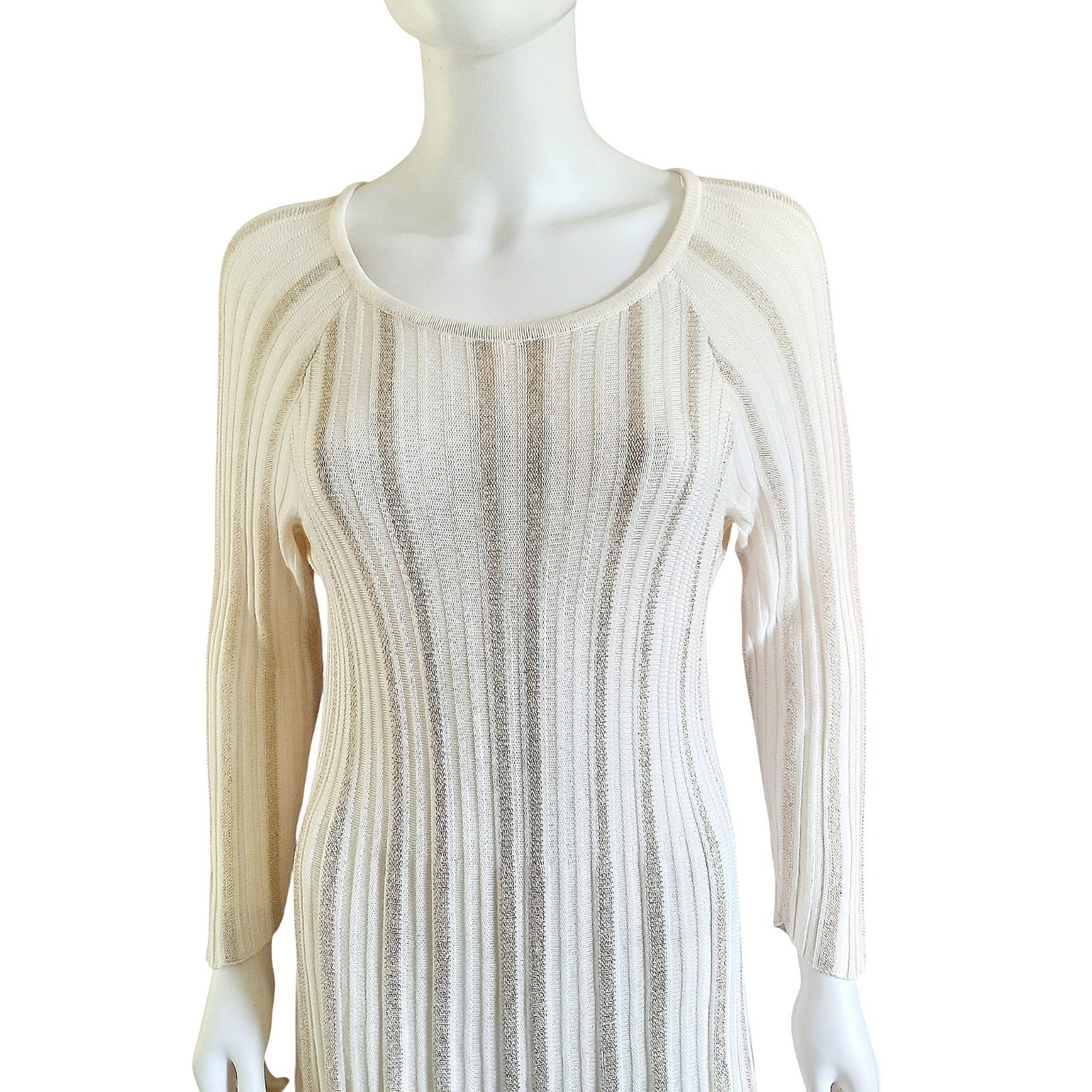 CATO Cream/Metallic Gold Ribbed Knit 3/4 Sleeve Fit & Flare Midi Dress Sz 14/16W