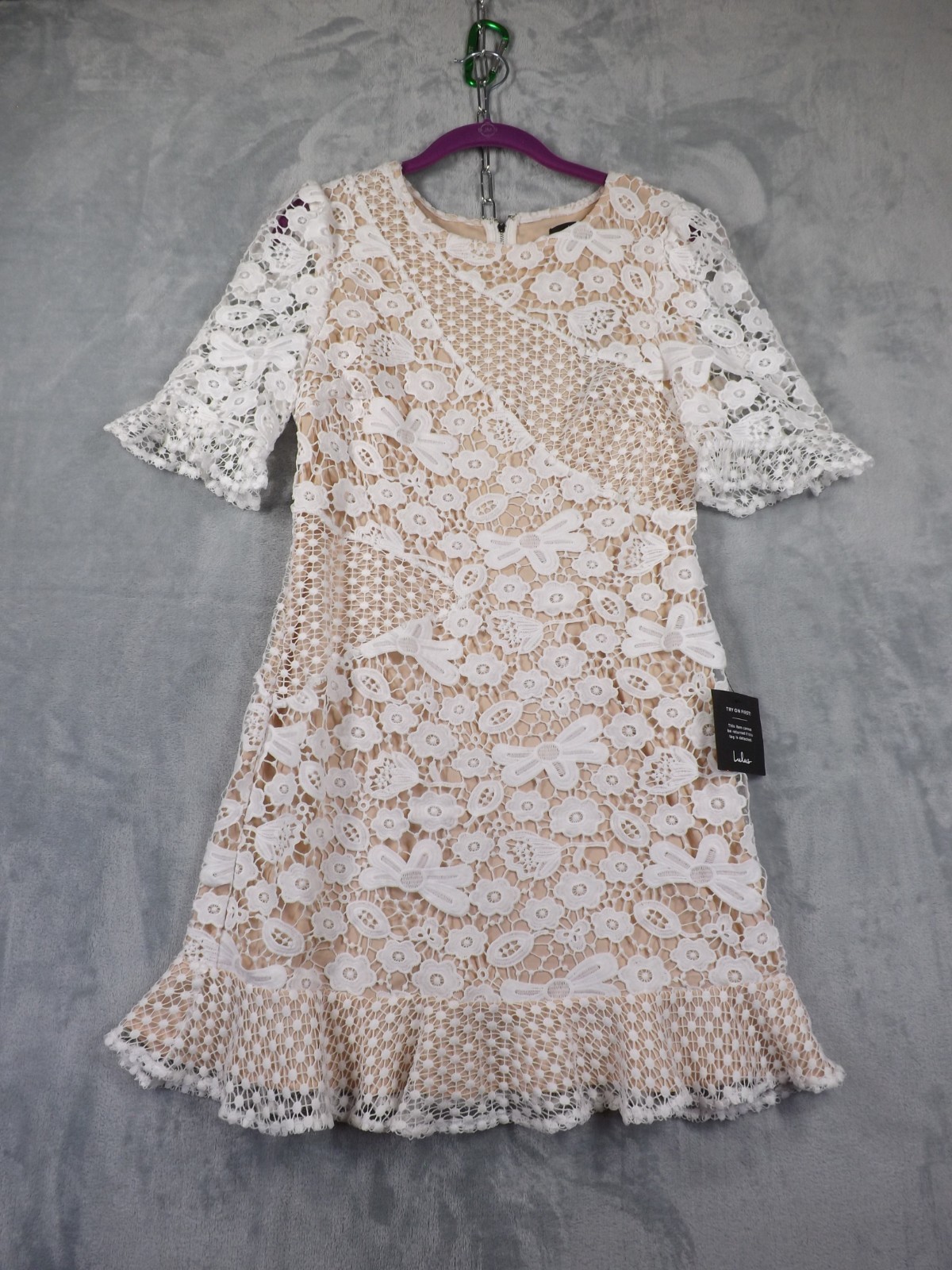 Lulu’s Dress Women’s M White Lace/Nude Lining Layered Back Zip Half Sleeve NWT