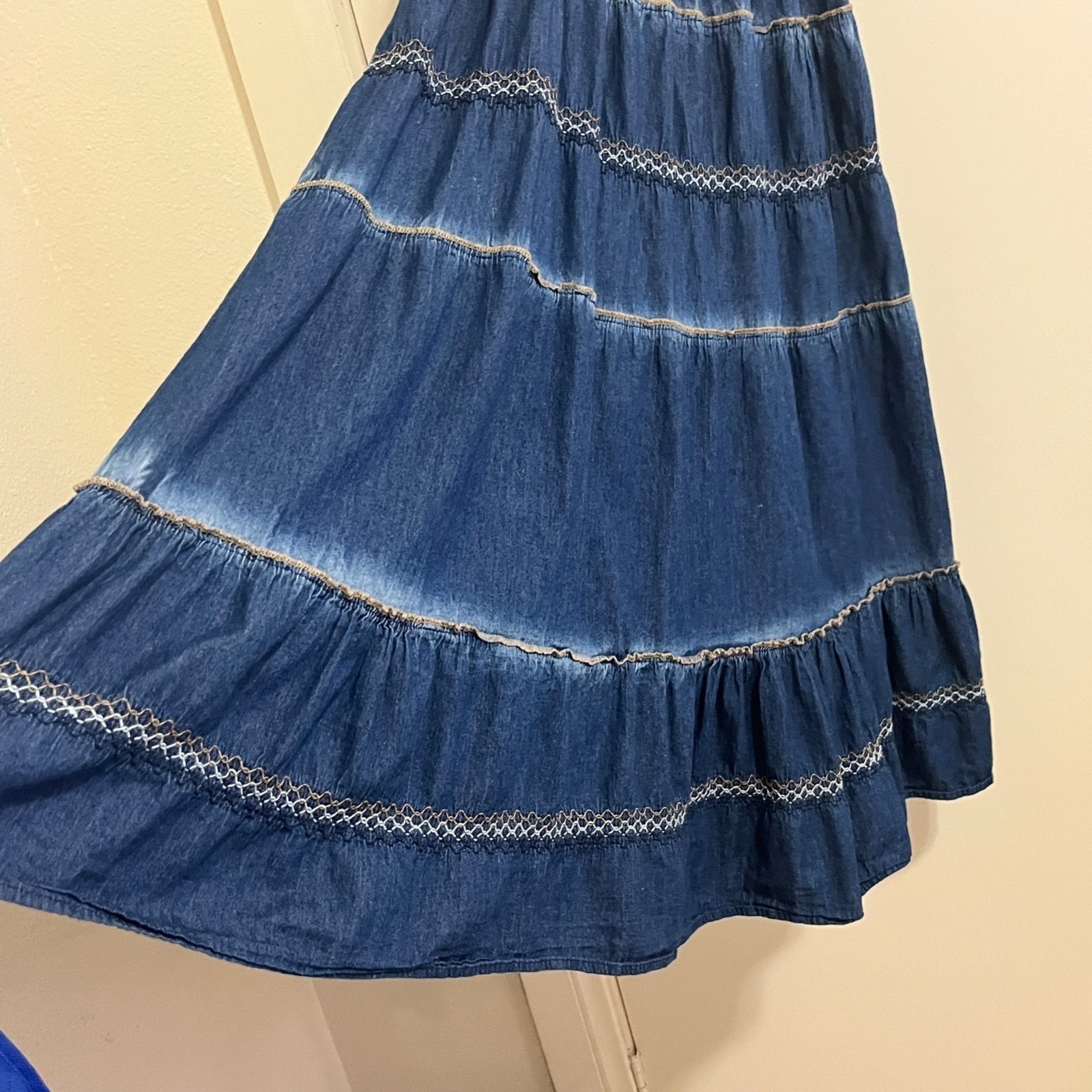 Indigo & Lace Womens Tiered Denim Smocked Maxi Dress PSmall Boho Cottage Prairie
