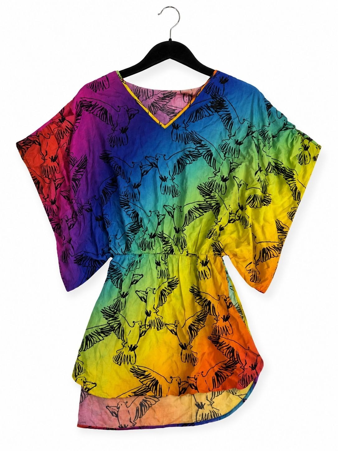 Kurt Geiger London Rainbow Ombre Bird Print Mini Dress Elastic Waist V-Neck Sz L
