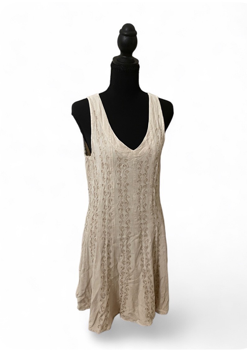 Sacred Threads Cream Tan Mini Dress Hippie Boho Embroidered Bohemian Flowy, M