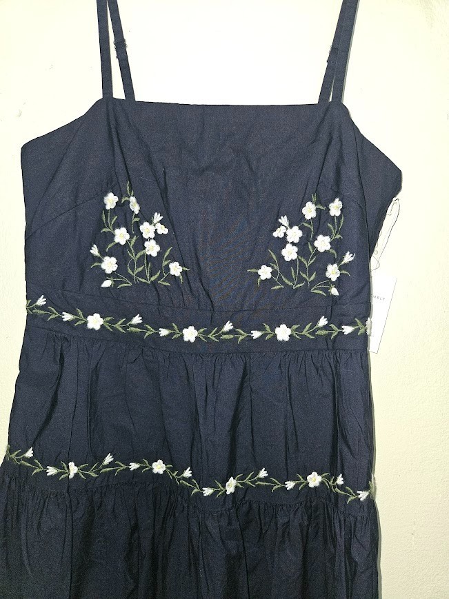Free Assembly Cotton Midi Dress Navy Blue Floral Embroidered Size XS (0-2)