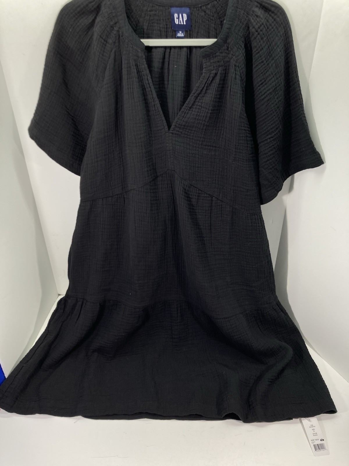 Gap Gauze Tiered Dress Women Size Medium Black Short Sleeve Pockets Crinkled NWT