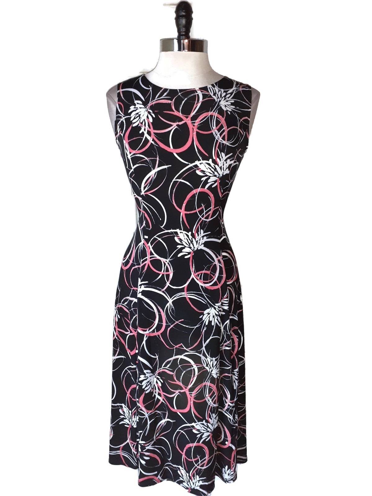 DANNY AND NICOLE Size 12 A-Line Dress Black White Coral Sleeveless Stretch Midi