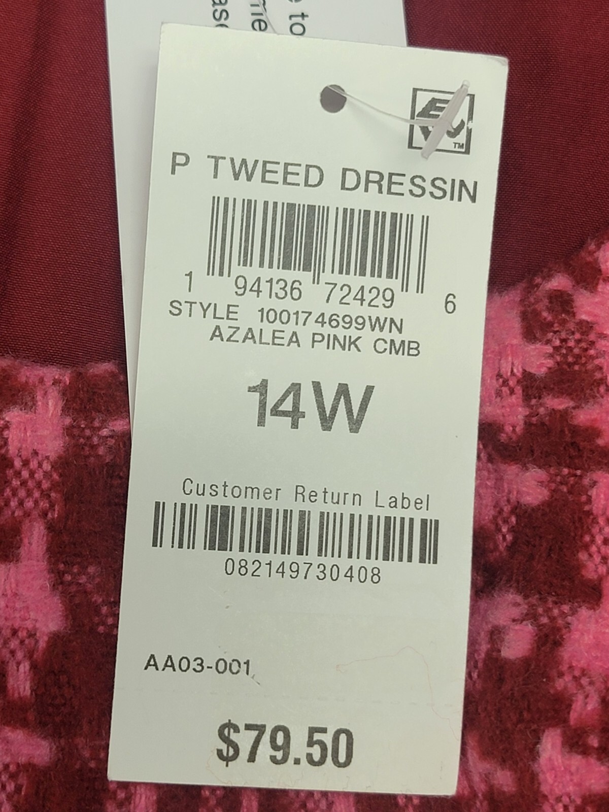 On 34th Mini Dress Womens Plus 14W Pink Plaid Tweed Wool Blend Sheath NWT