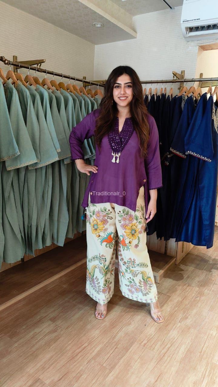 Women’s Mirror-Work Short Tunic with Vibrant Floral Print Wide-Leg Palazzo Set