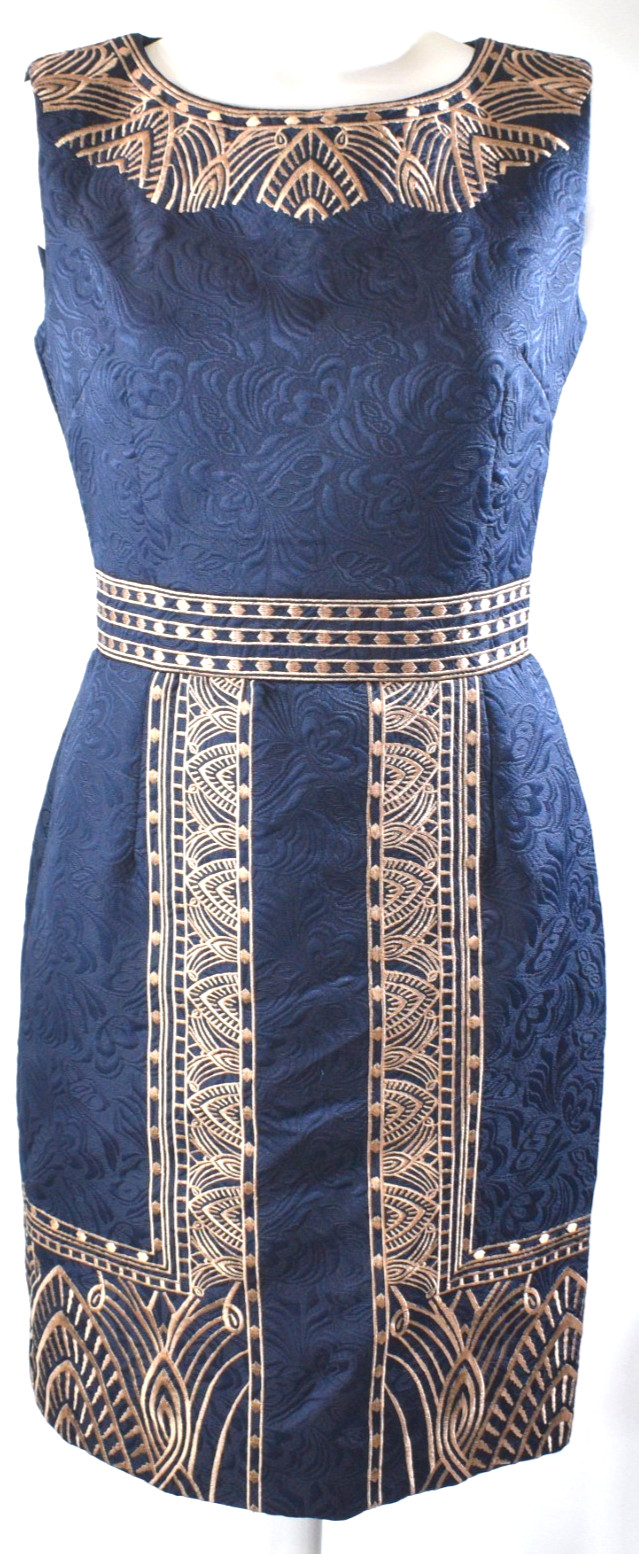 Yuzhongxiehou Dress Blue Gold Embroidered Trim Jacquard Cocktail Sheath Women 6