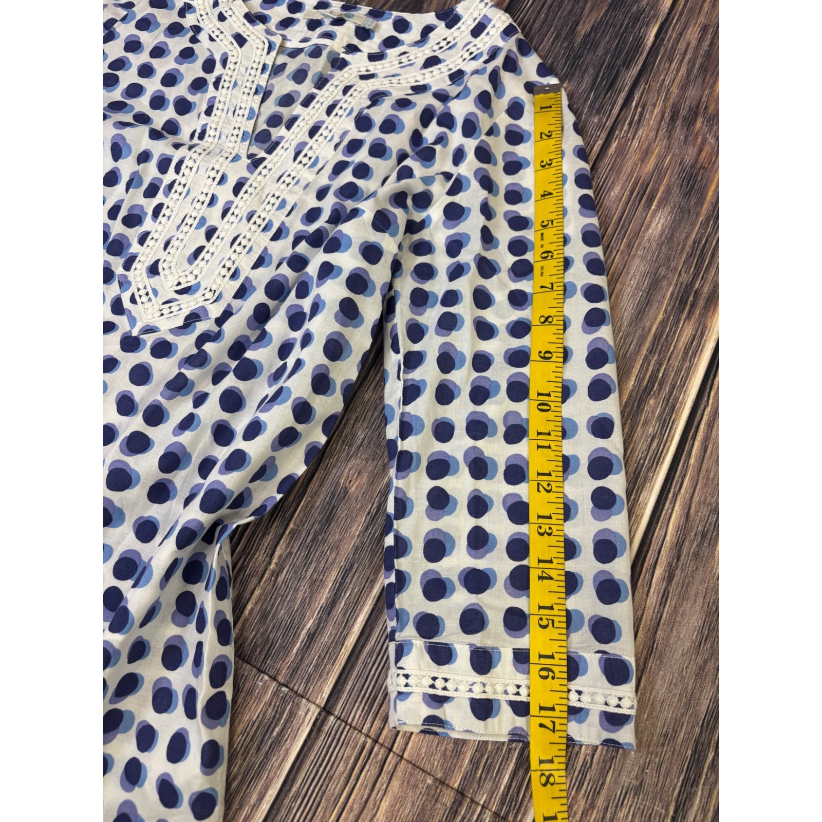 Boden Tunic Top Womens US 6R Blue Purple Polka Dot Cotton Crochet Trim Boho